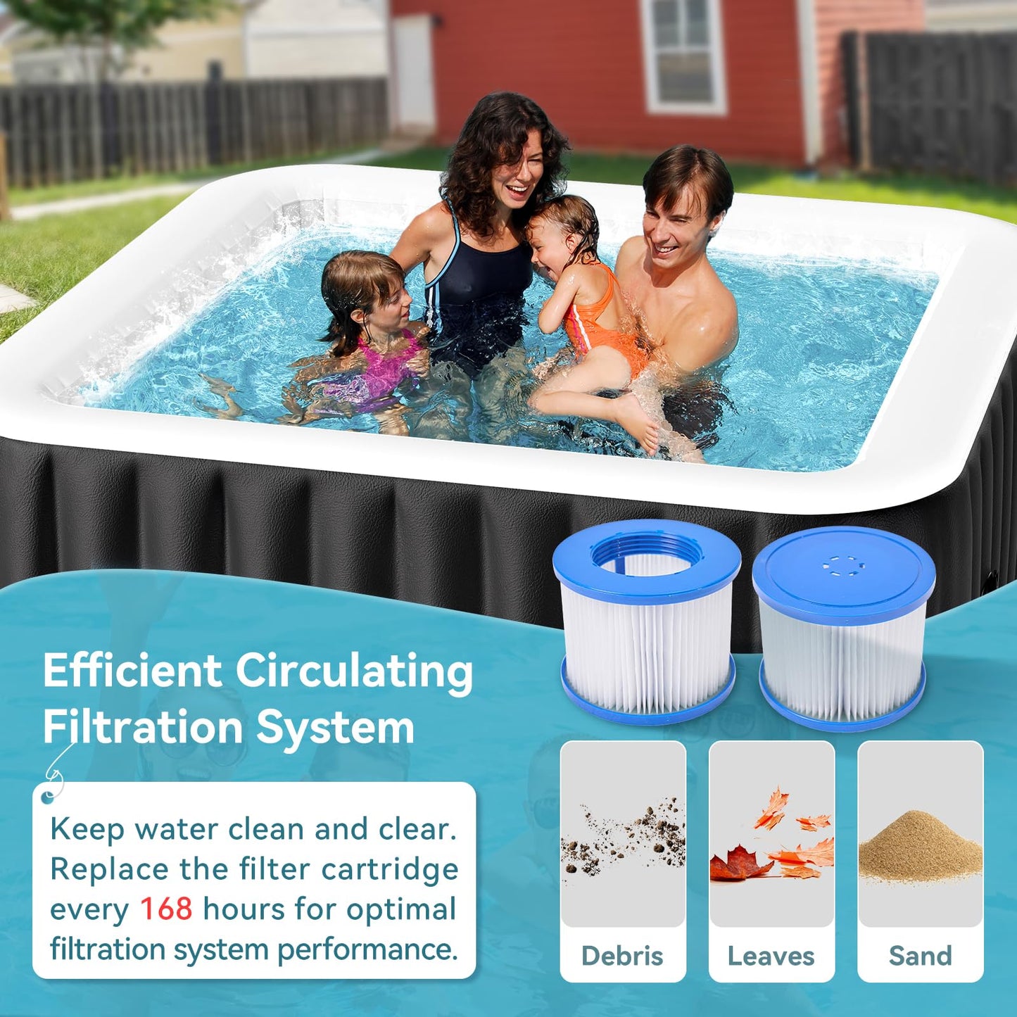 Inflatable Hot Tub, 240 Gal Large Square Portable Blow Up Hot Tub, 4-6 Person Leak-Proof PVC Outdoor Spa with 120 Air Jets, Heater Pump and Insulated Cover, 73x25 Inch