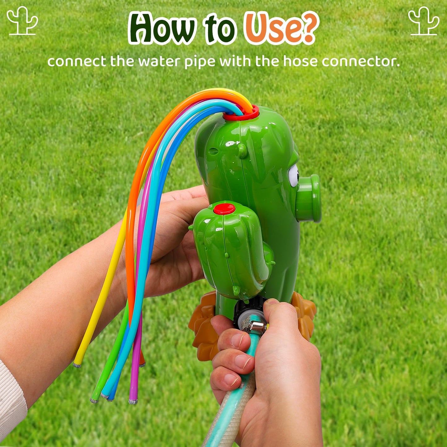 HeySplash Water Sprinkler Toy, Sprinkler for Kids Outdoor Play, Sprinkler Toy with 6 Wiggle Tubes, Outside Backyard Lawn Toys, Splashing Fun for Over 3 Year Boys Girls, Attach to Garden Hose, Cactus