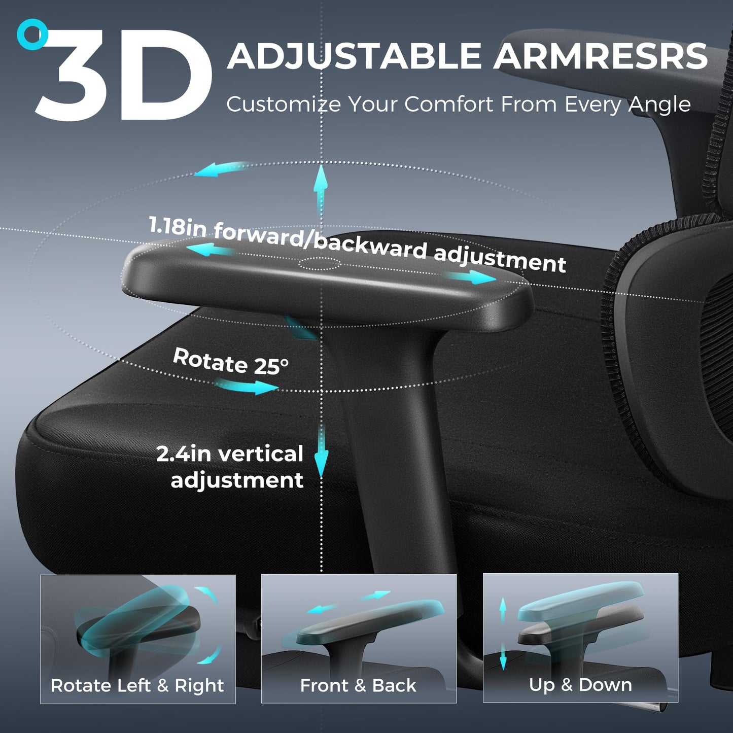 TECHREST Ergonomic Office Chair with Footrest, Big and Tall Home Desk Chair, High Back Rolling Computer Chair with 3D Arms and Lumbar Support, Comfortable Gaming Chair, Swivel Mesh Chairs, Black