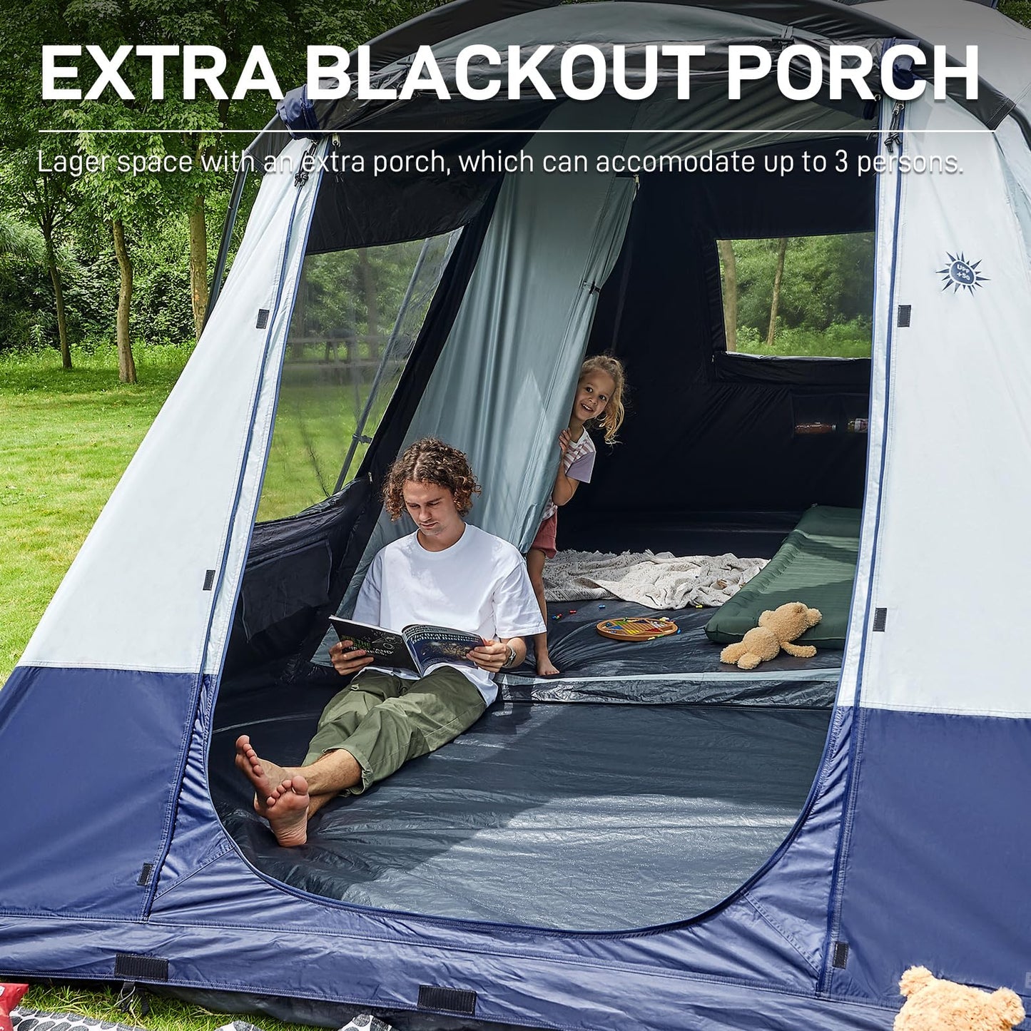 EVER ADVANCED 8 Person Blackout Design Cabin Tent, Camping Tent with Multi Room, Family Tent with Extra Porch and Rainfly, 2 Rooms Huge Portable with Carry Bag, Water Resistant