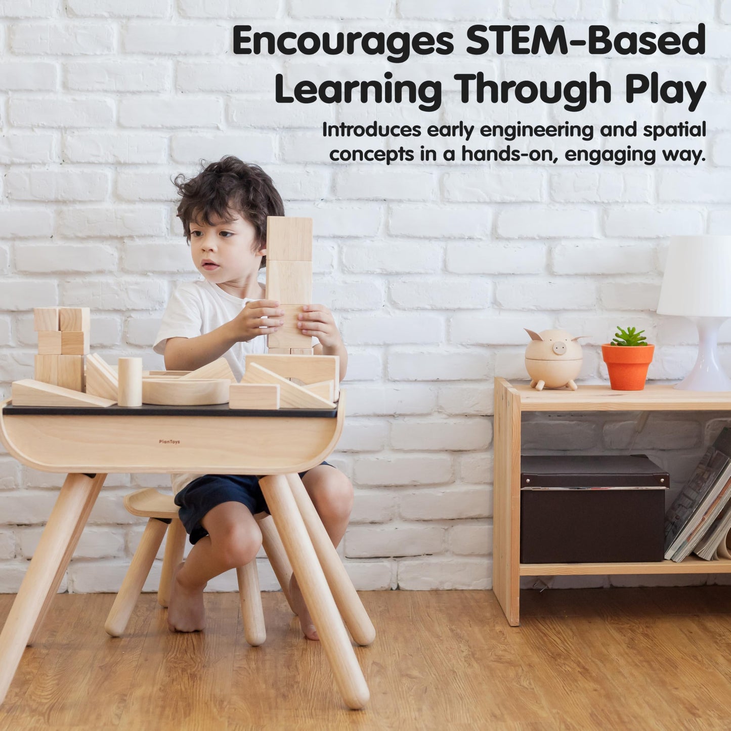 PlanToys Wooden 50 Piece Unit Block (35 mm) Building Set (5502) | Sustainably Made from Rubberwood and Non-Toxic Paints and Dyes | PlanNatural Classic Wooden Toy Collection