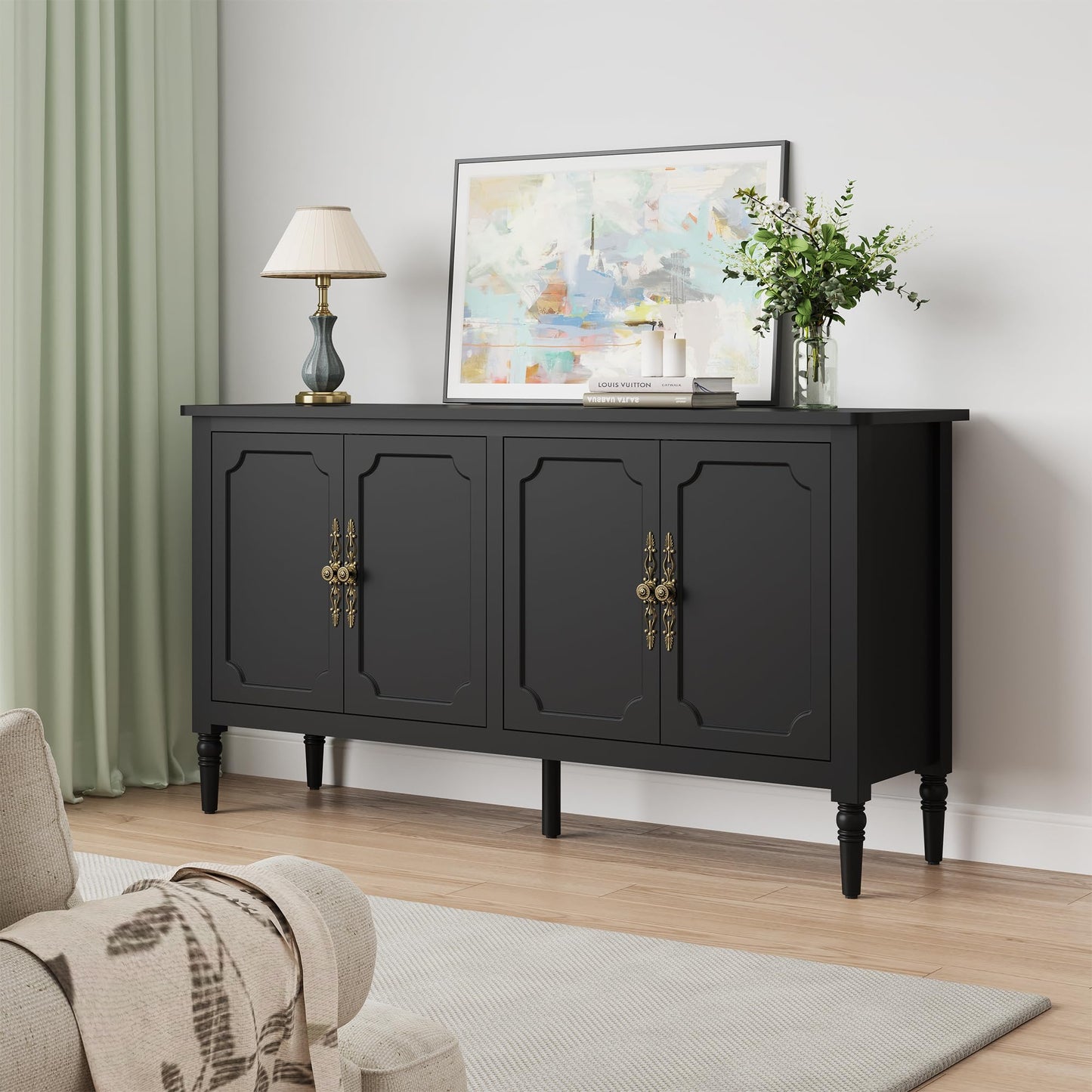 FansaFurn Console Table, 58'' Mid Century Modern Pantry Cabinet, Wood Buffet Sideboard, Media Credenza with 4 Doors, Accent Storage for Entryway, Living Room, Bedroom, Dining Room (Black)