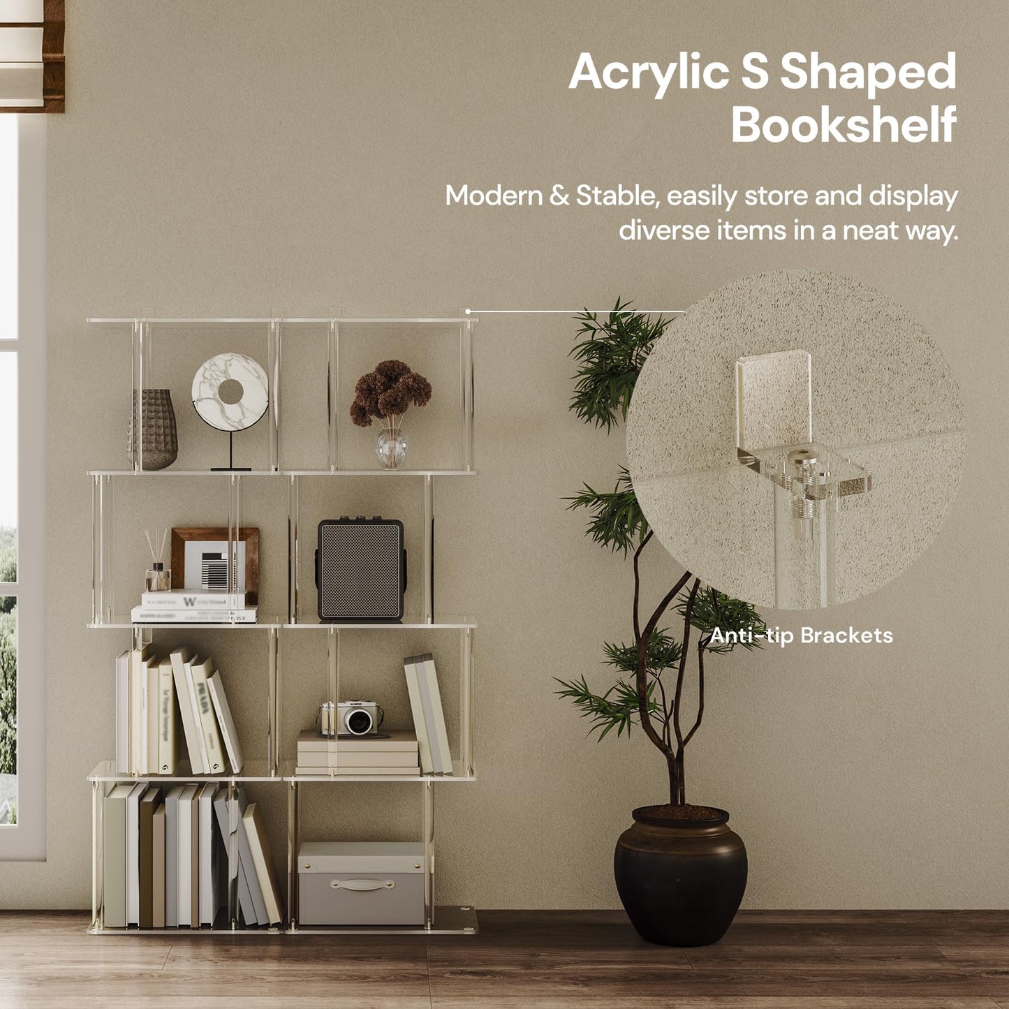 CRTERICX Acrylic Geometric Bookshelf for Small Spaces, 5-Tier Clear S Shaped Bookcase, Modern Open Book Shelf for Living Room, Bedroom, Office, 9.3" D x 15.6" W x 48.8" H, Easy Assembly