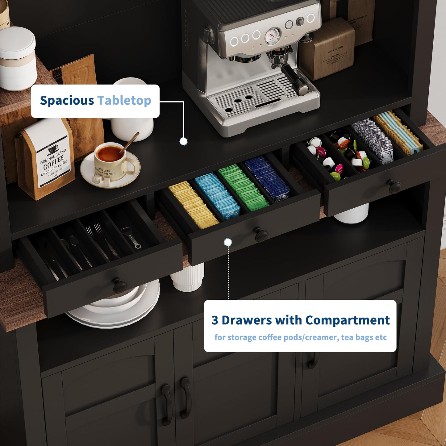 Coffee Bar Cabinet with LED Light, 72 in Tall Farmhouse Coffee Bar Hutch with Storage, Sideboard Buffet Cabinet with Microwave Stand/Glass Shelf/6 Hooks/3 Drawers for Kitchen Living Dining Room, Black