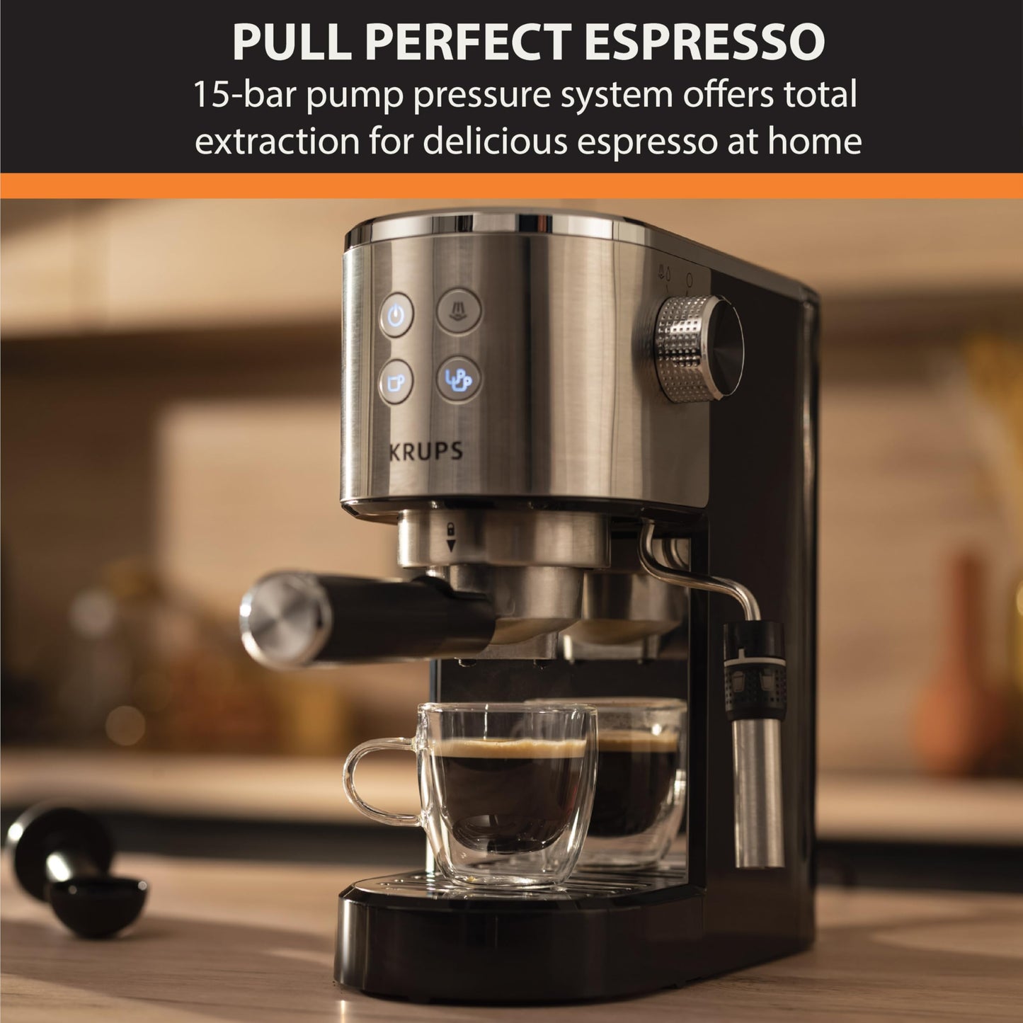 KRUPS Stainless Steel Espresso Machine: 15-Bar Pump Pressure, Milk Frother for Cappuccino and Latte, Fast Pre-Heat, 2-Cup Capacity, Cup Warmer, Easy Cleaning, 1350W, Silver
