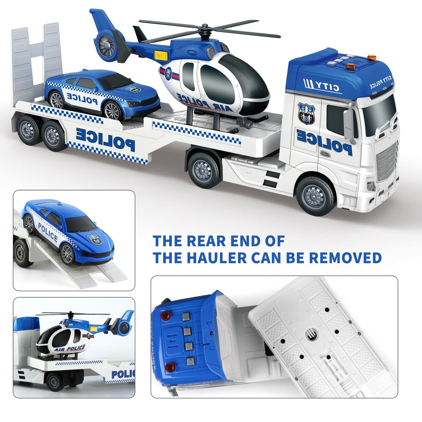Dwi Dowellin Toddler Boy Toys for 3 4 5 6 Year Old, 25" Semi Truck Toy with Racing Car and Helicopter - Police Toys,Birthday Gifts for Kids Child 2 3 4 5 6 Years Old