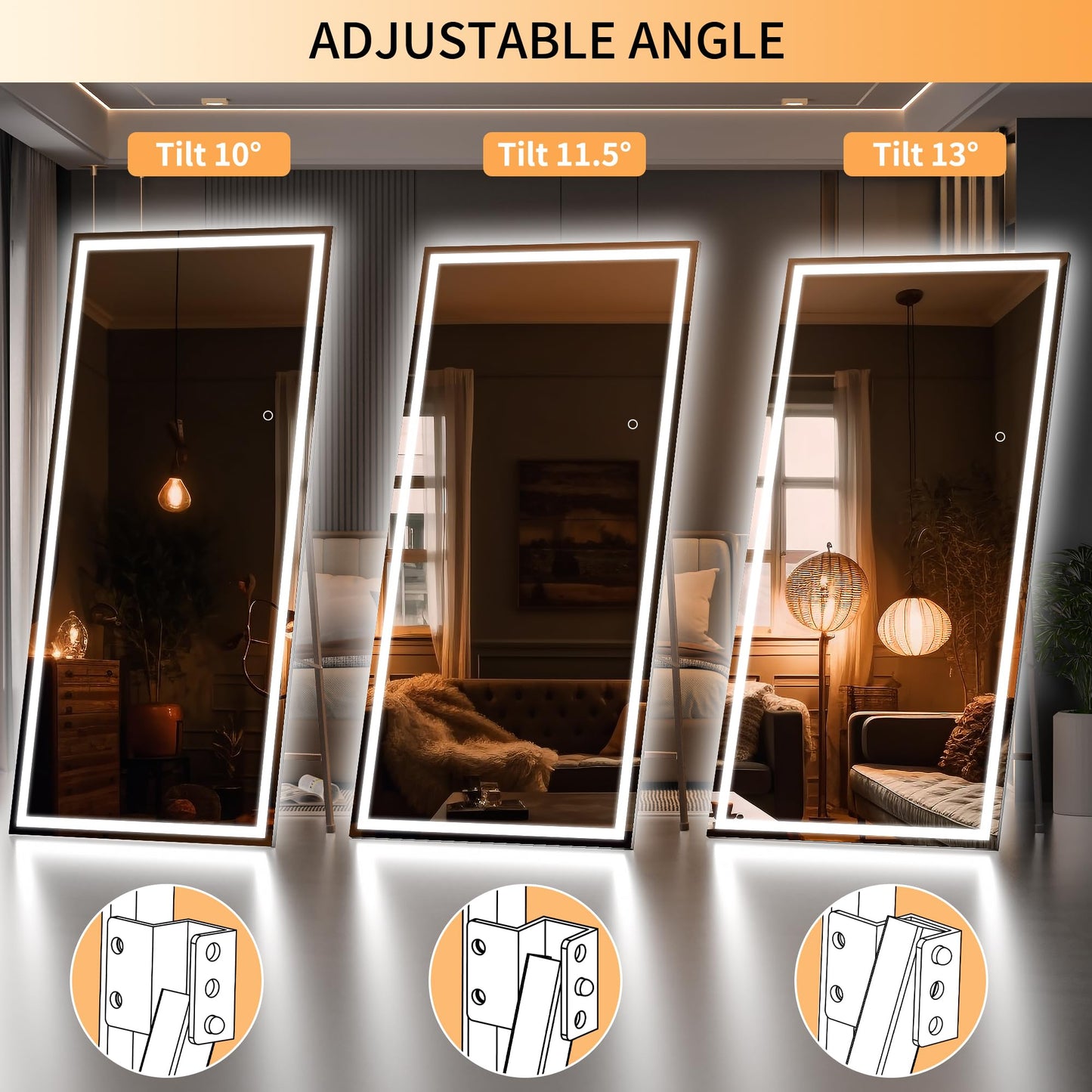 Hasipu Oversized 79” x 32" Full Length Mirror with Lights, LED Lighted Floor Standing Mirror, Full Body Dressing Hanging Mounted Mirrors, Dimmable, Tempered Glass, Safe to Use, Square Black