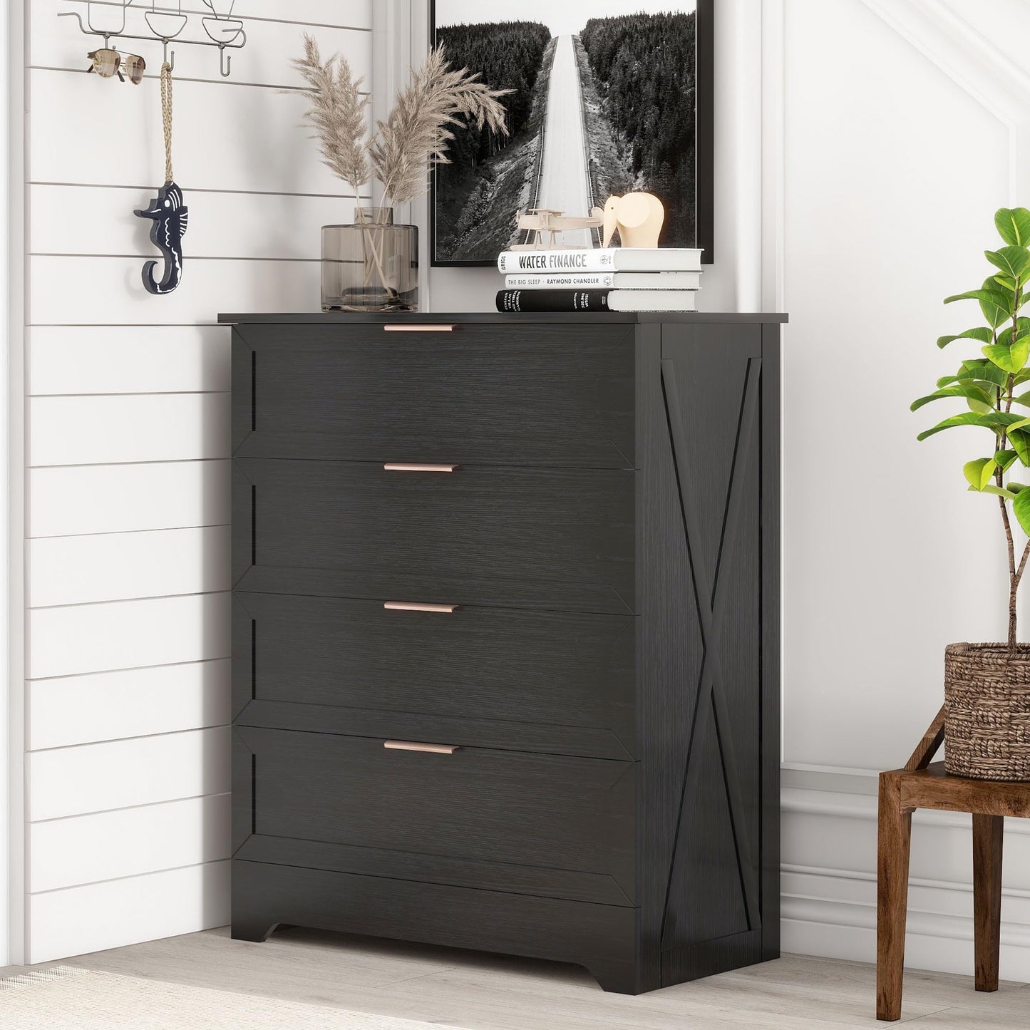 FTZxHKLX Modern 4 Drawer Dresser for Bedroom, Tall Bedroom Dresser with Large Drawer & Rose Gold Handles, Wooden Storage Organizer Cabinet Chest of Drawer for Closet, Living Room, Hallway, Black