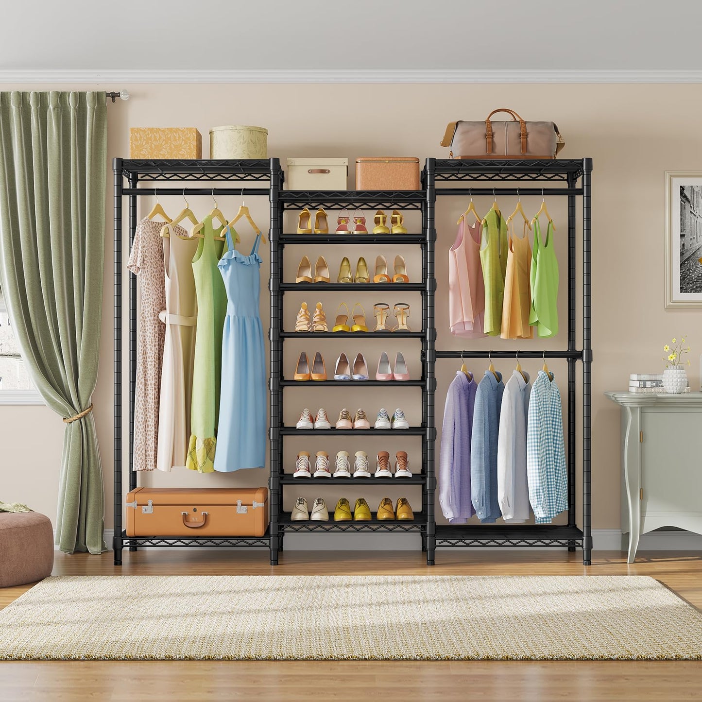 VIPEK S3 Heavy Duty Garment Rack Freestanding Clothes Rack Closet Storage Organizer Large Wardrobe with 6-Tier Shoe Rack, Hanging Rod, Adjustable Shelf, 68.9" L x 15.7" W x 76.4" H, Black