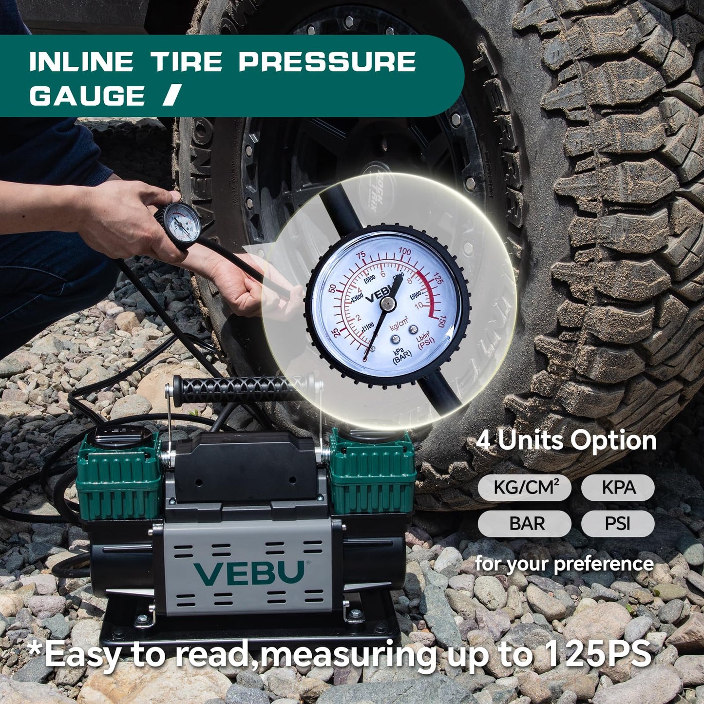 VEBU Heavy Duty Air Compressor 12V Tire Inflator, Dual Cylinder 125PSI with In-line Pressure Gauge, 10.6CFM Fast Inflation for Off-road Vehicles, Trucks, SUVs, RVs, ATVs, DC Power, Corded Electric