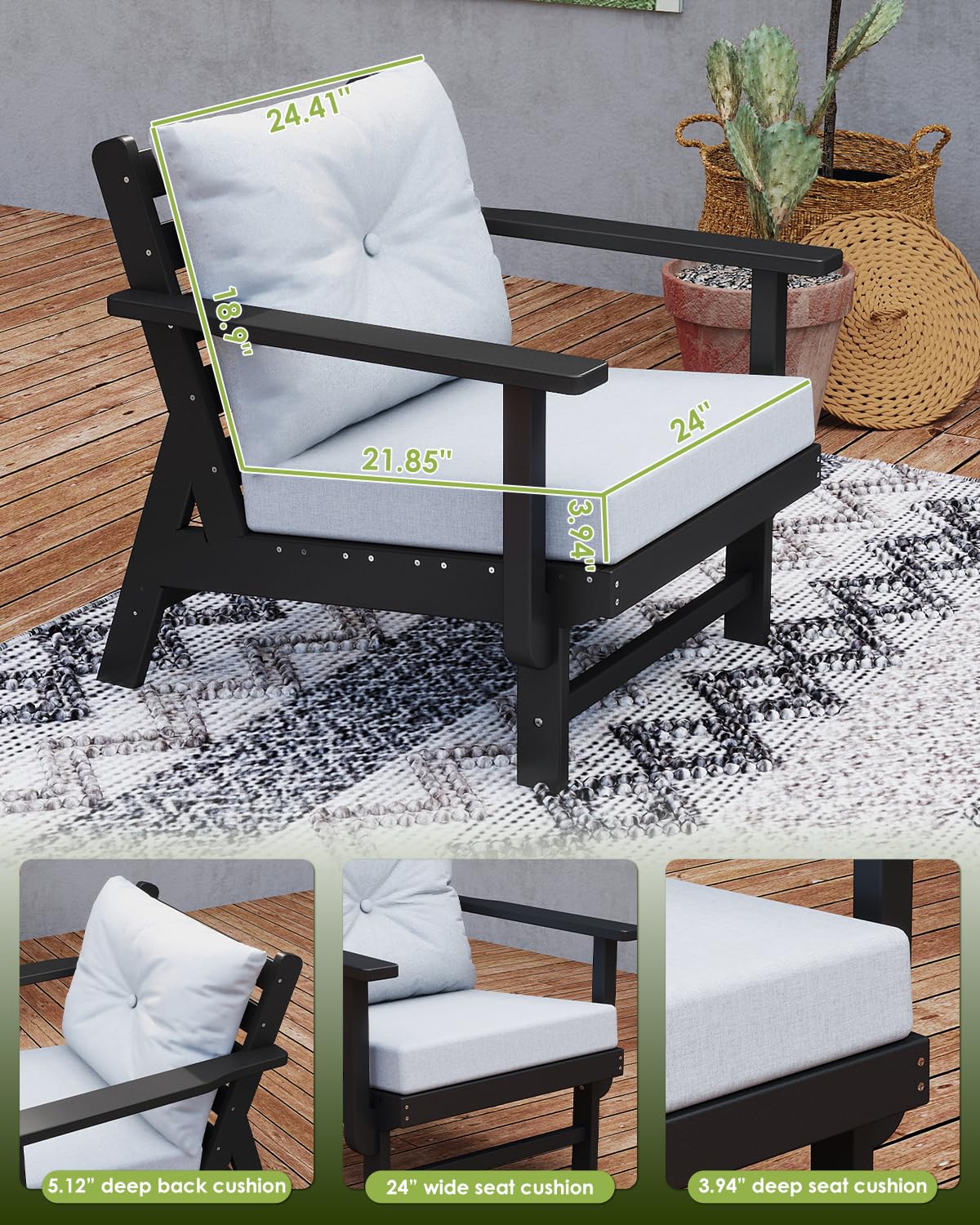 GREENVINES 6-Piece-Patio-Furniture-Set | HDPE Plastic | Outdoor Sectional Conversation Sets | All-Weather Couch | Sofa with Coffee Table | Detachable Armrests | for Deck Lawn | Black