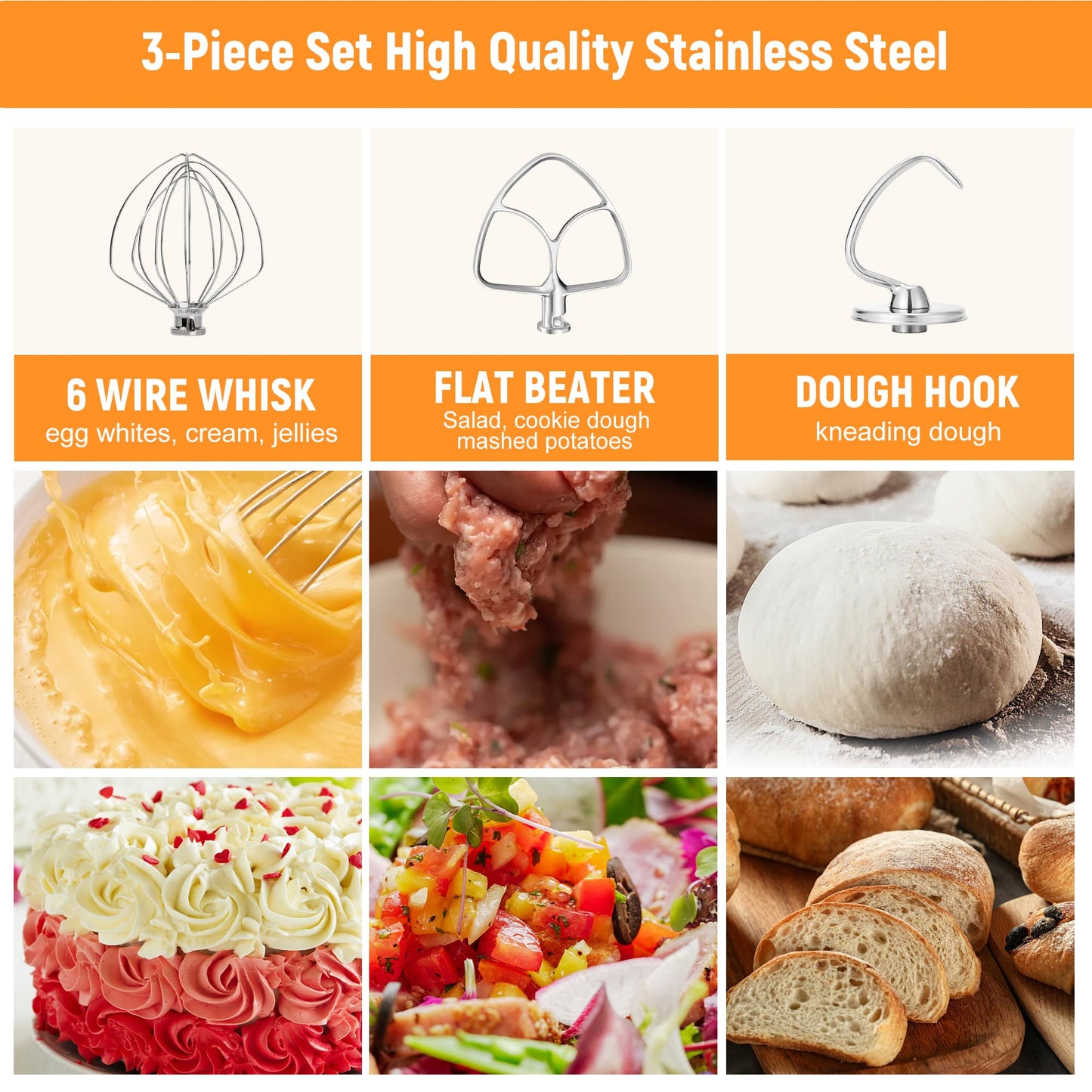 Stainless Steel Accessories for KitchenAid 4.5-5 Qt Tilt-Head Mixer, K45 Whisk, Flat Beater and Dough Hook for 5 Quart Mixing Bowl, Fits KSM45, KSM90, KSM150, Dishwasher Safe, Heavy Duty