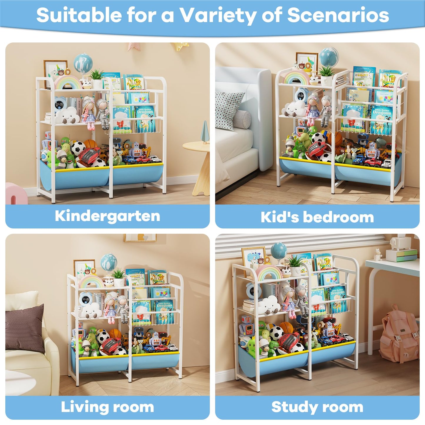 GUIBUKEYAN 3 in 1 Kids Bookshelf and Toy Storage Organizer, Baby Montessori Bookshelf Book Organizer for Kids, Toddler Book Display Shelf Ideal for Classrooms, Playrooms and Nurseries (Light Blue)
