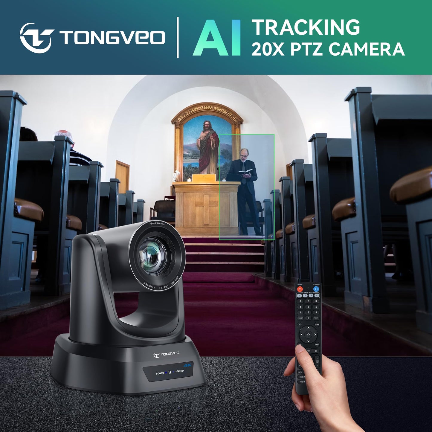 TONGVEO 4K AI Auto Tracking PTZ Conference Camera System with Bluetooth Speakerphone & Microphone, 20X Optical Zoom, USB3.0 HDMI LAN PoE Power Camera for Church Worship, Meetings, Streaming