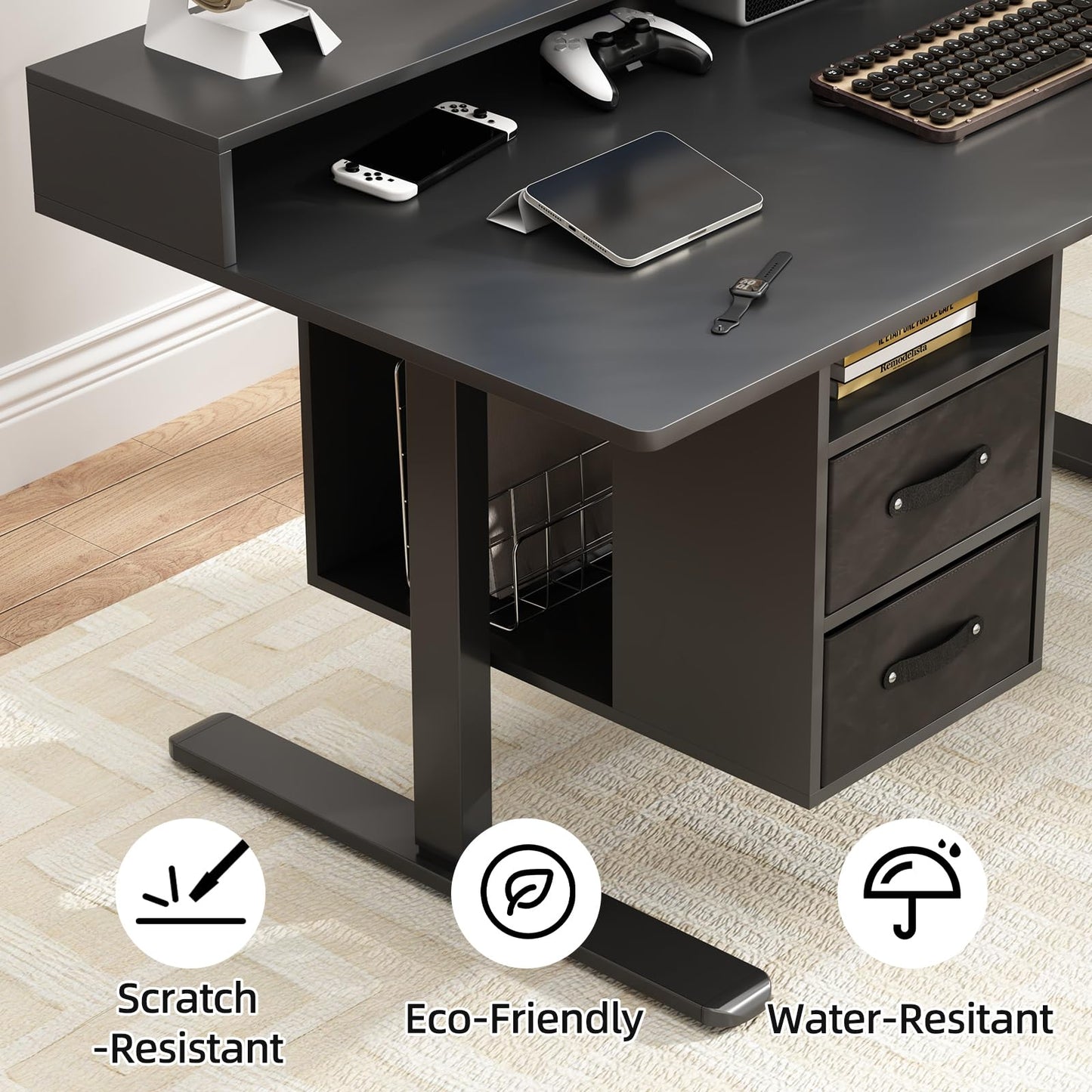 55x24 Inches Standing Desk with Drawers, Electric Computer Desk with Open Storage Shelf, Stand Up Desk, Adjustable Height 28-46 Inches for Home and Computer Workstation, Black