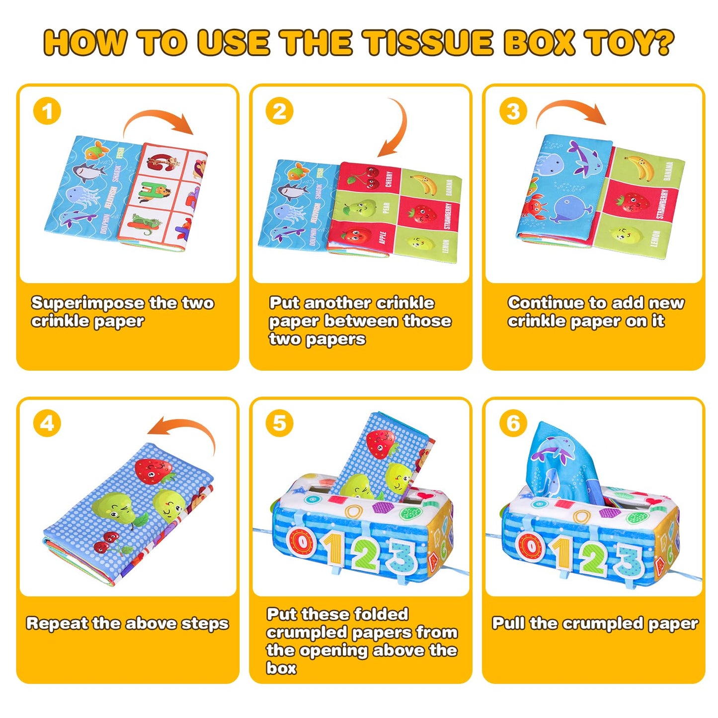 VPOJOY Baby Tissue Box Toy, Soft Montessori Tissue Box Baby Toys 6 to 12 Months, High Contrast Crinkle Paper Sensory Silk Scarves Toys for 1 Year Old Boys Girls Kids Early Learning Gifts