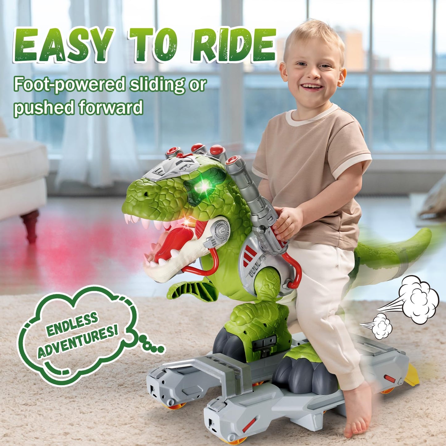Dinosaur Ride On Toy Cars for Kids, Toddler Electric Ride On Toys with Music, Light & Smoke, Preschool Kids Scooter Foot-to-Floor Walker Indoor Outdoor,Birthday Easter Gifts for Boys Age 3 4 5