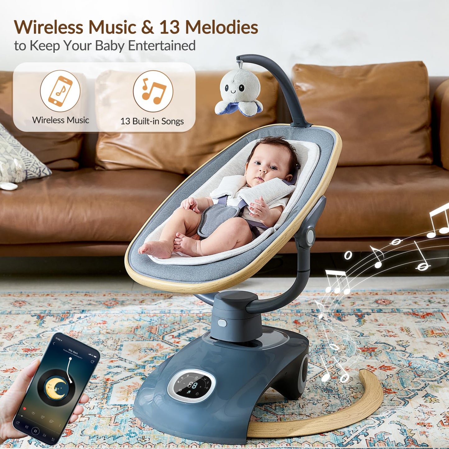 VaVaSoo Electric Baby Swing Newborn for Infants Mamroo with 5 Speeds, Multi Motion 3D Baby Rocker for Girl Boy Swingset Indoor with 13 Melodies Music, Remote Control, Dark Gray