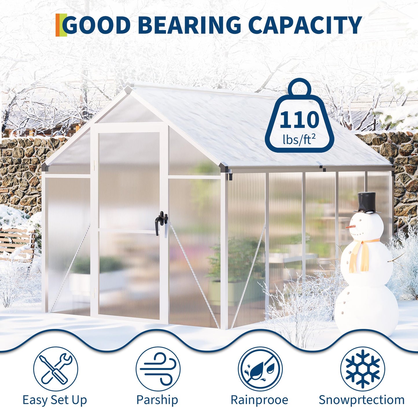 6X10 FT Greenhouse for Outdoors, Large Walk-in Polycarbonate Greenhouse Kit, Aluminum Frame, Lockable Door, Roof Vent, Ground Spikes, for Garden, Patio, Backyard, Outdoor Plant Growth
