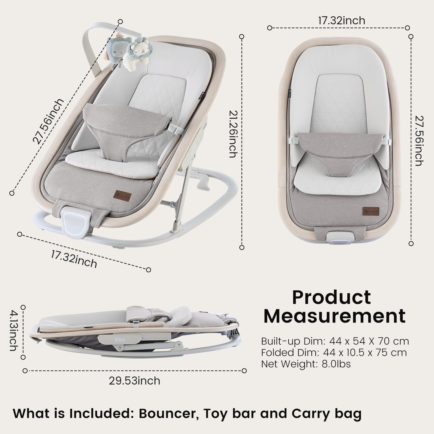 Qutanix 2-in-1 Baby Bouncer & Rocker,Portable Baby Bouncer Seat for Babies 0-9 Months, Baby Rocking Chair with 3 Reclining Positions,Wood Accents,Soft Newborn Insert - Beige