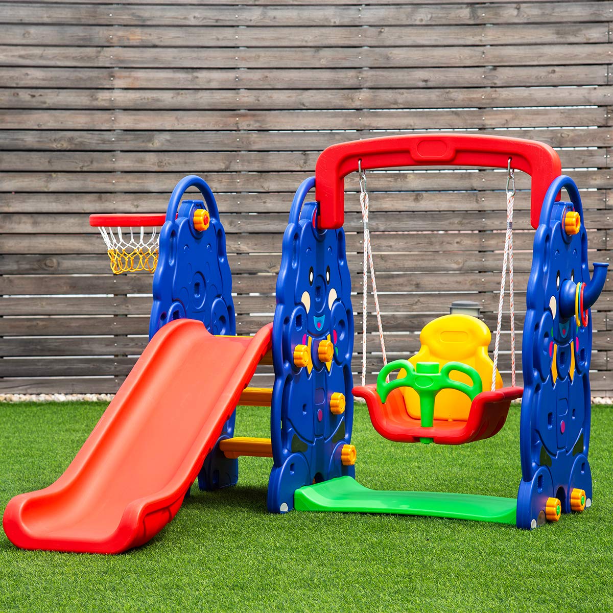 HONEY JOY Swing and Slide Set for Toddler, 4-in-4 Kids Play Climber Swing Playset w/Basketball Hoop, Extra Long Slide with Buffer Zone, Easy Setup Climb Stairs for Indoor Outdoor Games