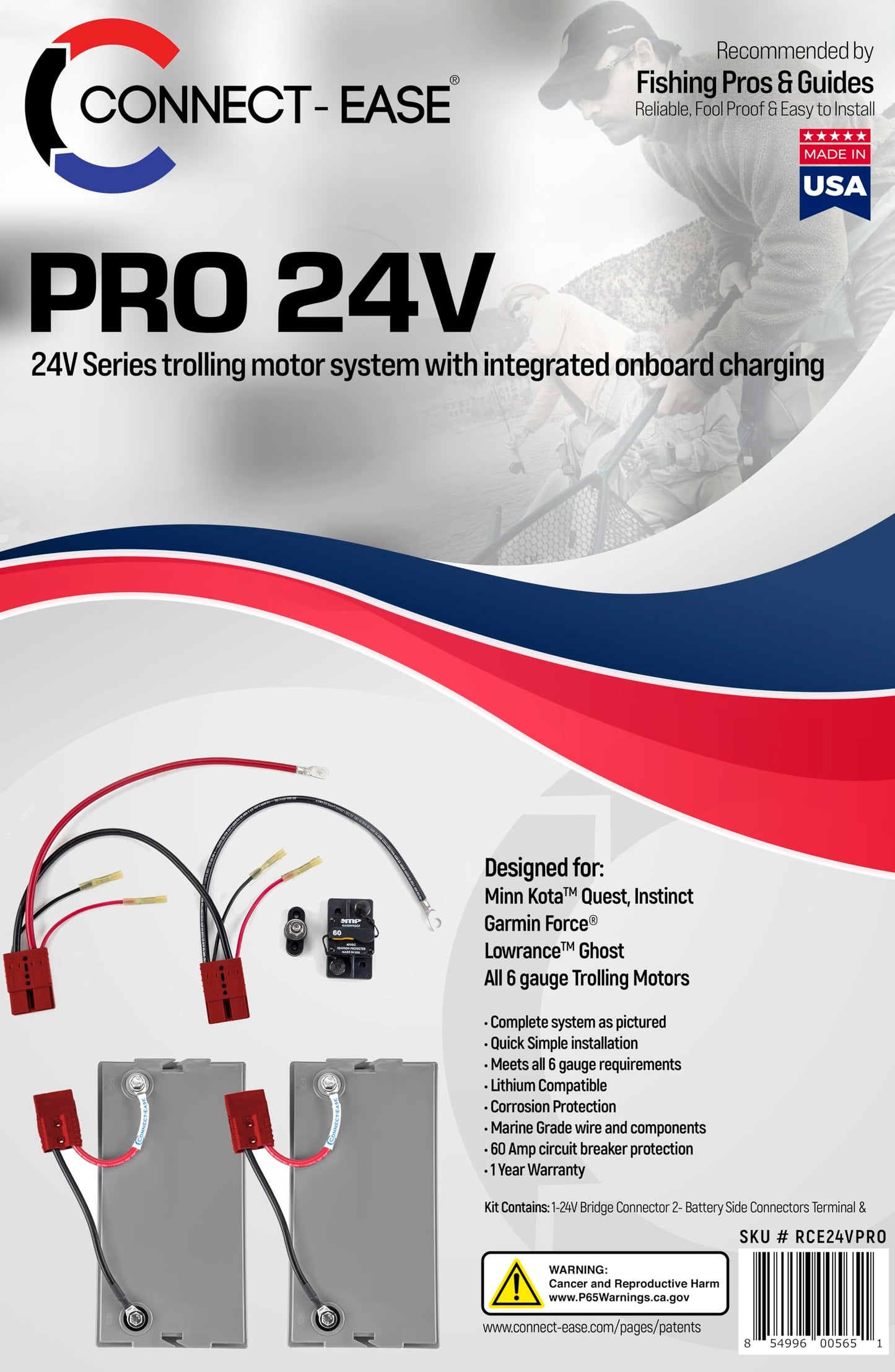 Connect-Ease RCE24VPRO 24V Trolling Motor Connection Kit with Onboard Charging | 6-Gauge Wire | Fits Any 24 Volt Trolling Motors Including MinnKota QUEST, Garmin Force, Lowrance Ghost | Made in USA