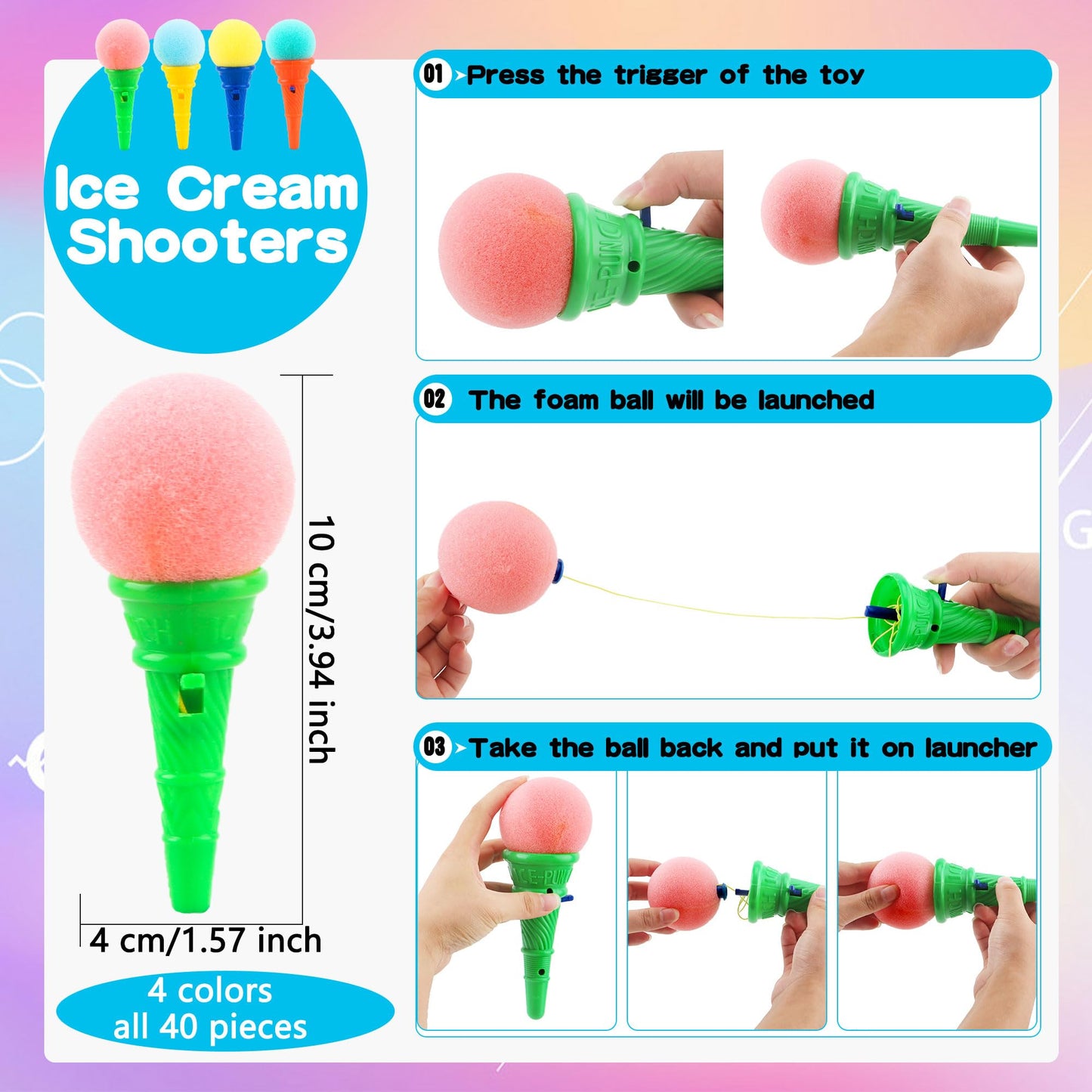 Cagemoga 40 Pcs Ice Cream Shooters Toy 4 Inch Ice Cream Cone Foam Ball Launcher Toy for Kids Birthday Party Favors Carnival Prizes Goody Bag Fillers