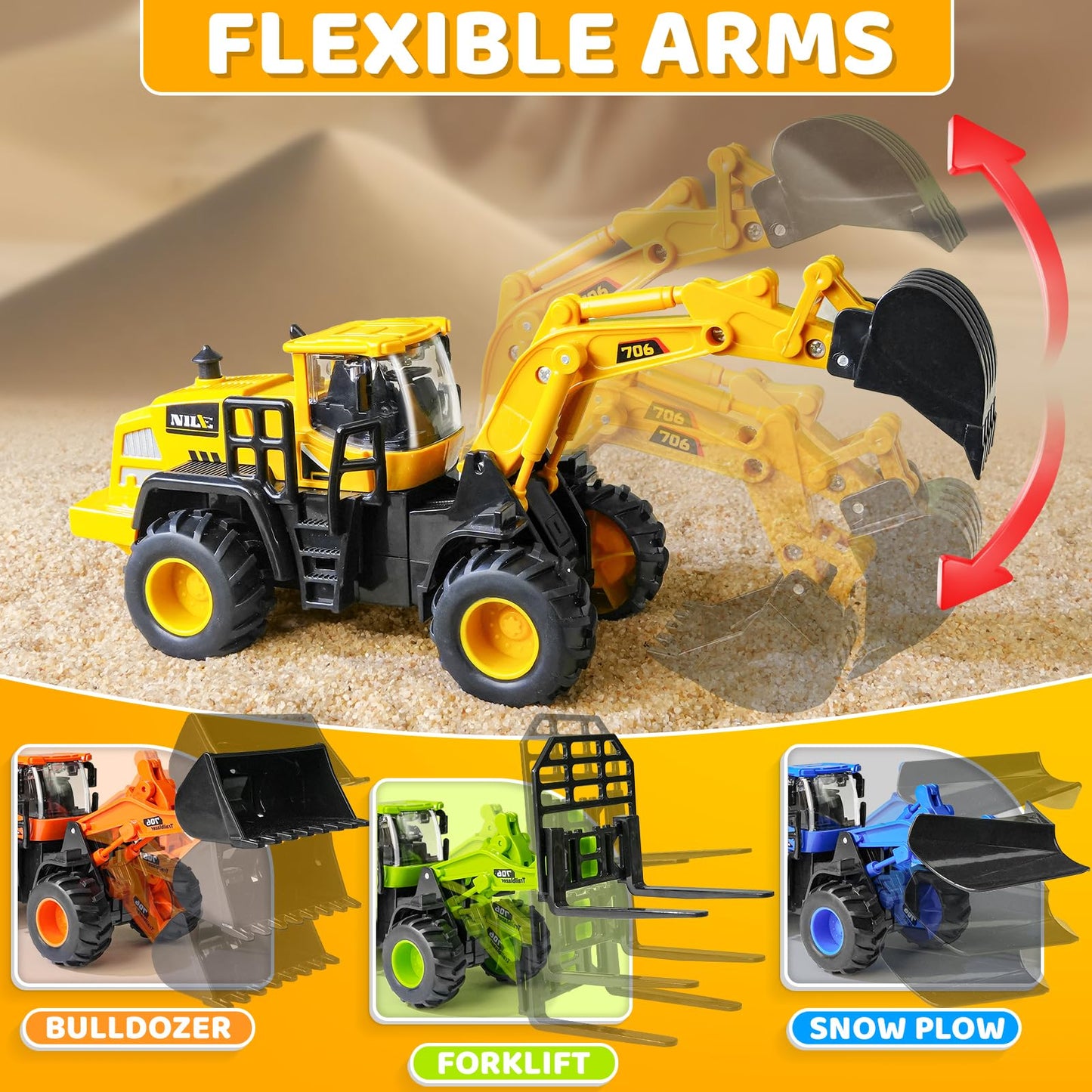 Beestech Construction Truck Toys for 3 4 5 6 7 8 Years Old Boys, Truck Vehicles Sand Sandbox Beach Toys, Excavator Forklift Bulldozer Friction Powered