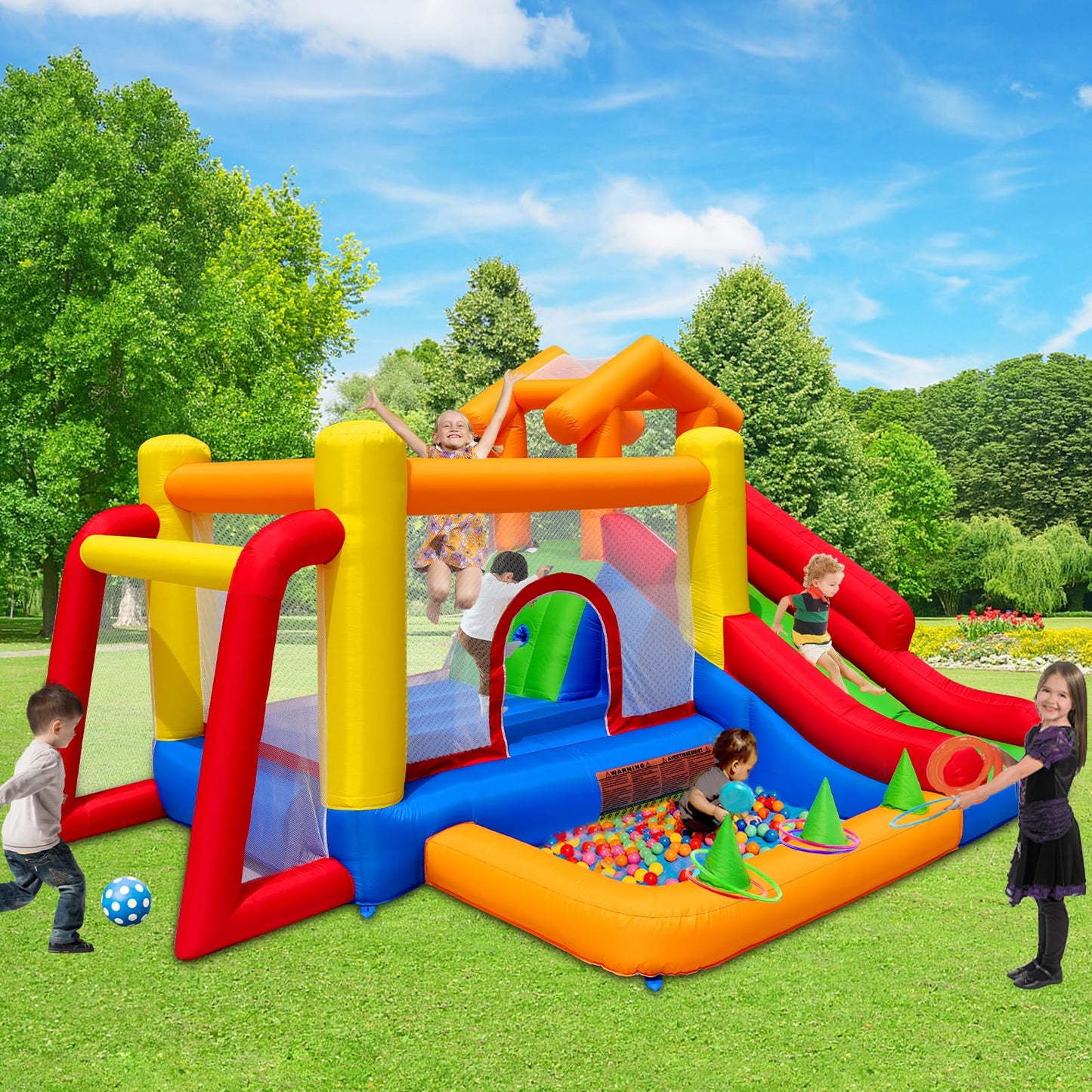 Baralir 7-in-1 Bounce House for Kids 3–10, Bouncy Castle with Long Slide, Kiddie Pool (Ball Pit), Soccer Goal, Climbing Wall, Basketball Hoop and Ring Toss Game - for Indoor or Backyard Fun
