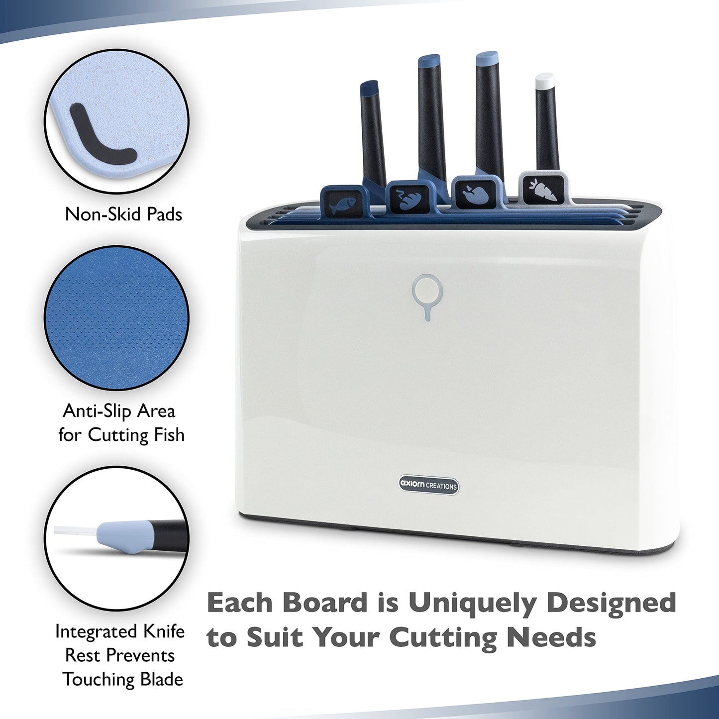 Axiom Creations Smart Cutting Board and Knife Set - Self Cleaning Cutting Board Set with 4 Color Coded Cutting Boards, 4 Stainless Steel Knives - Drying Holder Organizer for Kitchen