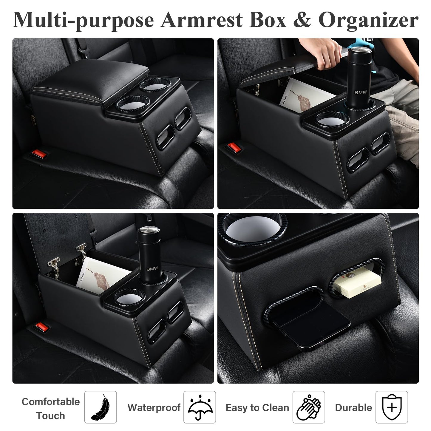 Coverado Car Center Console, Universal Rear Bench Seat Consoles, Truck Seat Organizer and Storage, Back Seat Car Organizer with Cup Holder, Central Armrest Box (Regular, Black)