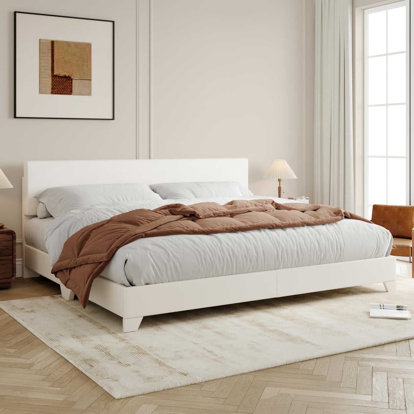 Allewie King Size Bed Frame with Adjustable Headboard, Faux Leather Platform Bed with Wood Slats, Heavy Duty Mattress Foundation, No Box Spring Needed, Noise-Free, Easy Assembly, White