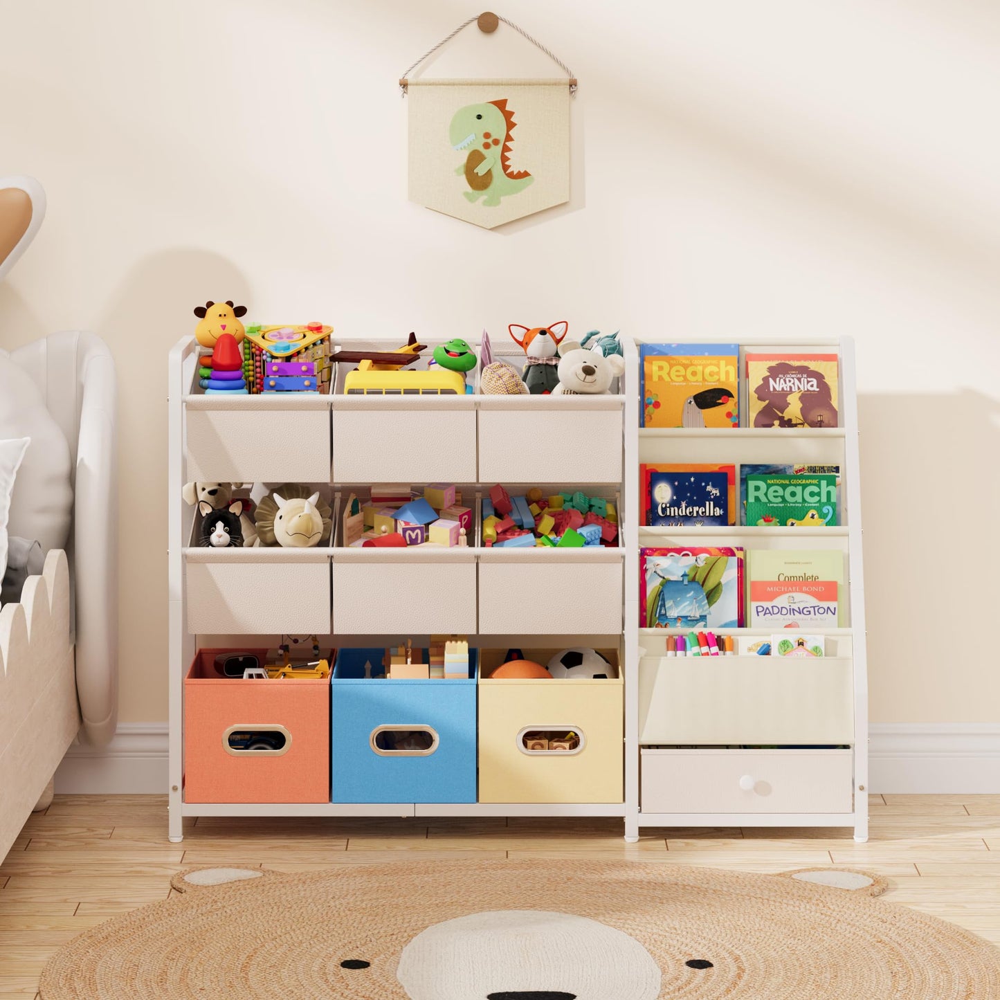 HAVLOTII Toy Storage Organizer - Kids Bookshelf and Toy Storage with 3 Book Shelf and 10 Storage Bins, Montessori Playroom Storage for Toddler, Baby, Book Shelf for Kids Rooms