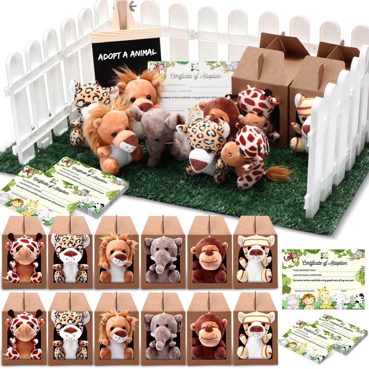 Blueweenly 84 Pcs Adopt a Pet Party Supplies 24 Mini Animals 10 White Plastic Fence 24 Paper Gift Boxes 24 Adoption Cards with Mini Chalkboard and Artificial Lawn(Safari Animals)