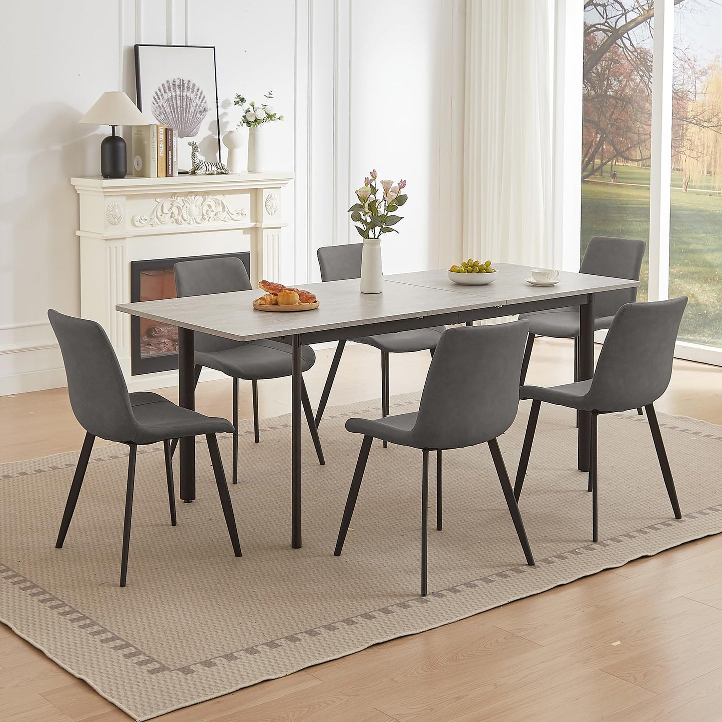 HIPIHOM 63"- 78.7" Extendable Dining Table Set for 6, Modern Kitchen Table with 6 Dining Chairs for 4-6 Person, Thickened Expandable Wooden Table with Metal Legs for Dining Room, Kitchen