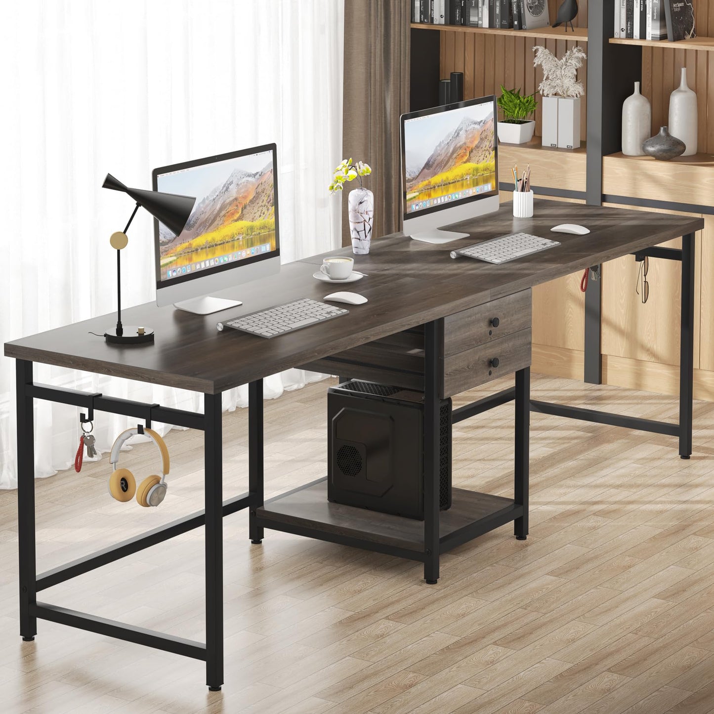 Tribesigns 79 Inch Extra Long Desk, Two Person Desk with 2 Drawers, Double Computer Table with Storage Shelves, Writing Table for Home Office, Grey