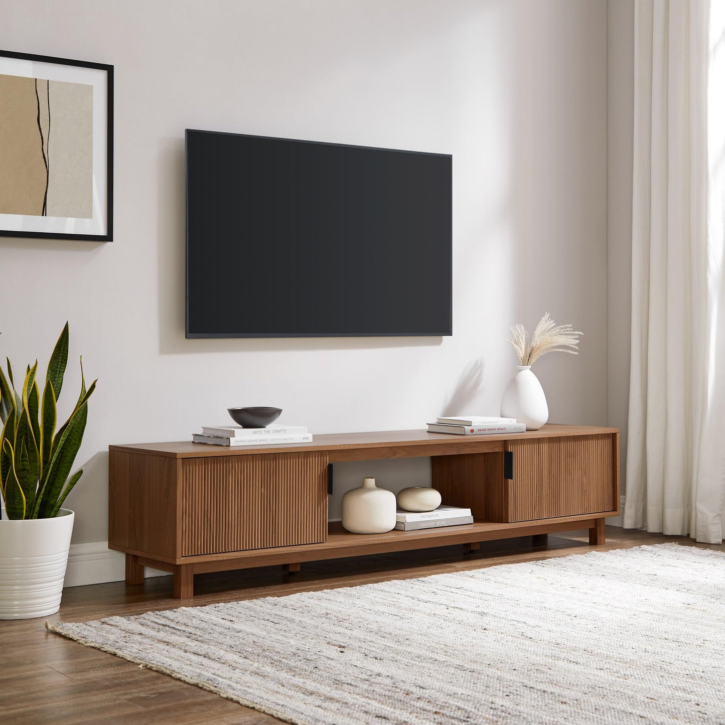 Walker Edison Arundo Fluted TV Stand for TVs up to 80 Inches, 70" TV Stand, Mocha