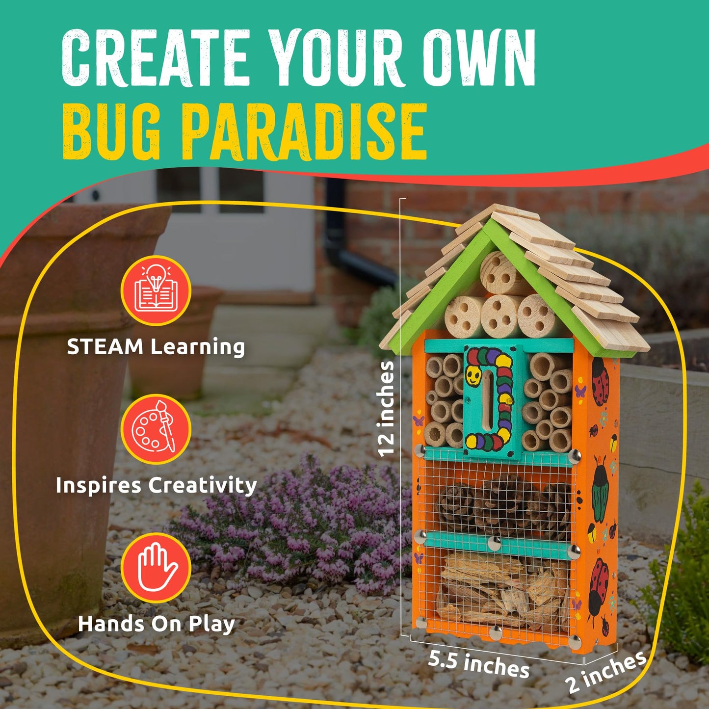 SparkJump Premium Bug Hotel Kit for Kids – Easy Wood Craft Kits for Children, Lady Bug House for Garden with Tools, Paints & Glue, Fun Birthday Gifts for Girls and Boys