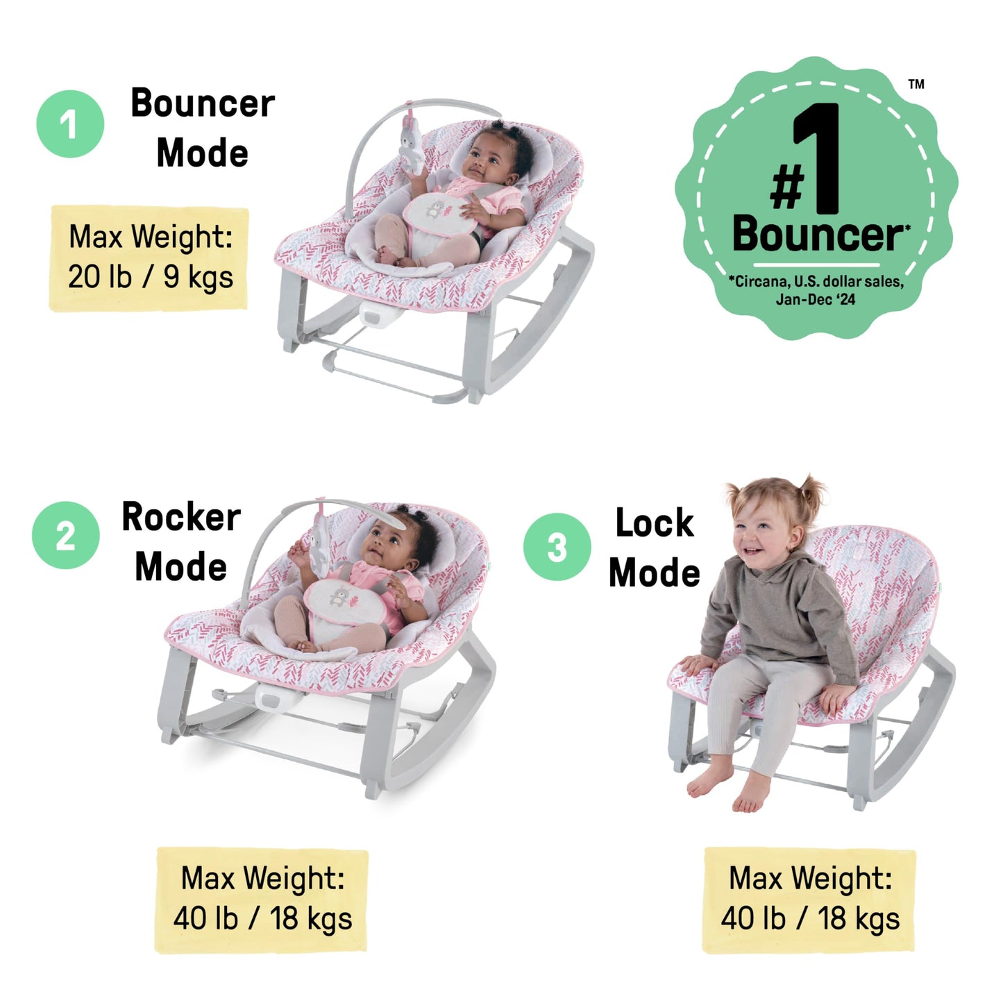 Ingenuity Keep Cozy 3-in-1 Grow with Me Vibrating Baby Bouncer Seat & Infant to Toddler Rocker, 0-30 Months Up to 40 lbs (Pink Lily)