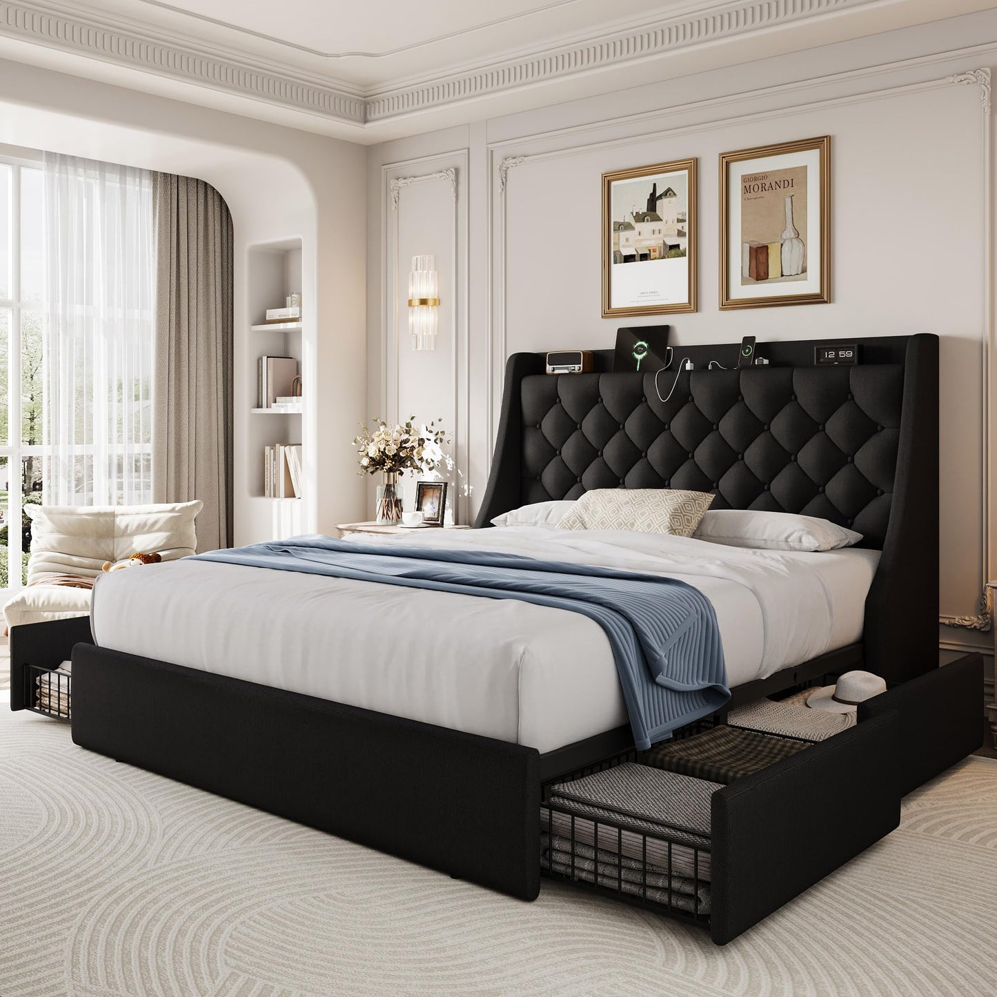 AMBERHAUS Queen Size Upholstered Platform Bed Frame with 4 Storage Drawers and Charging Station, Linen Button Tufted Wingback Headboard, Sturdy Wooden Support Slats, No Box Spring Needed, Black