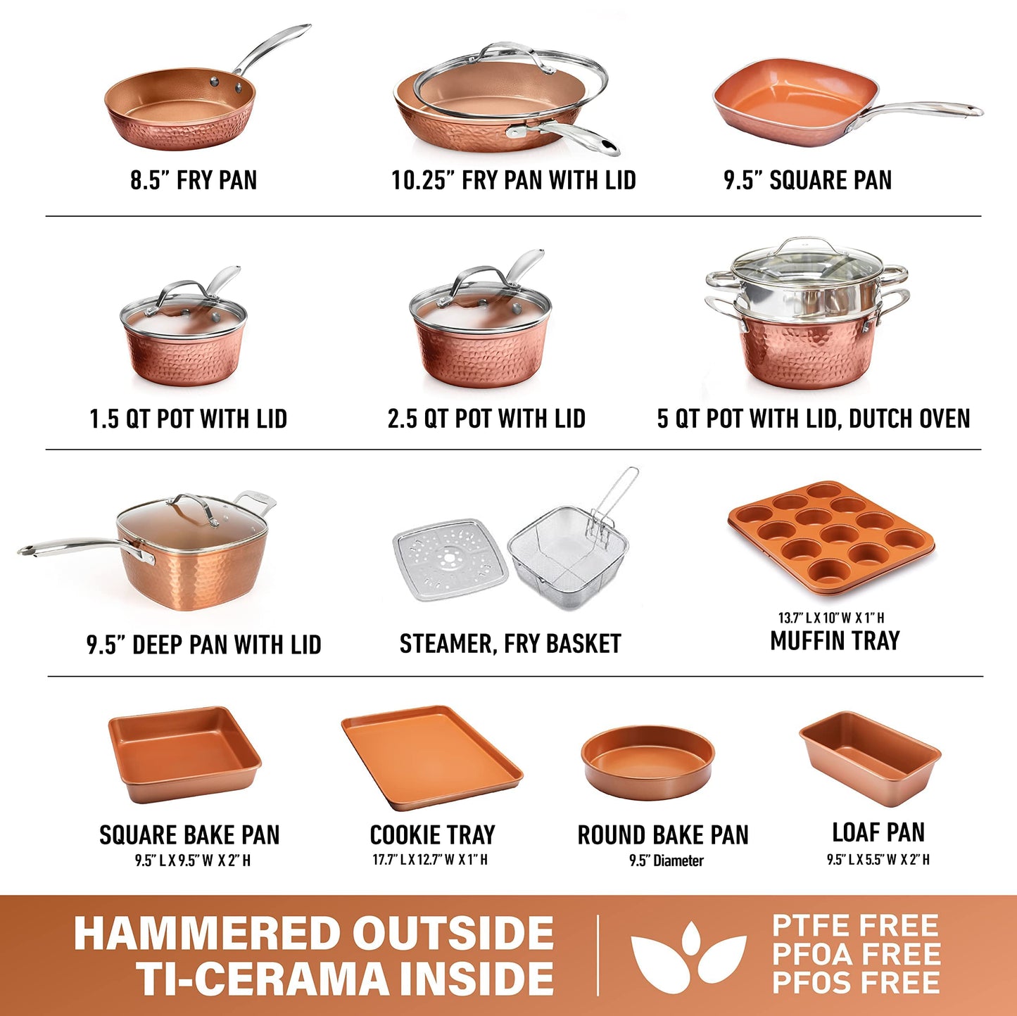 Gotham Steel Hammered Copper Collection – 20 Piece Premium Pots and Pans Set & Air Fryer Basket for Convection Oven, 2 Piece Nonstick Copper Crisper Tray