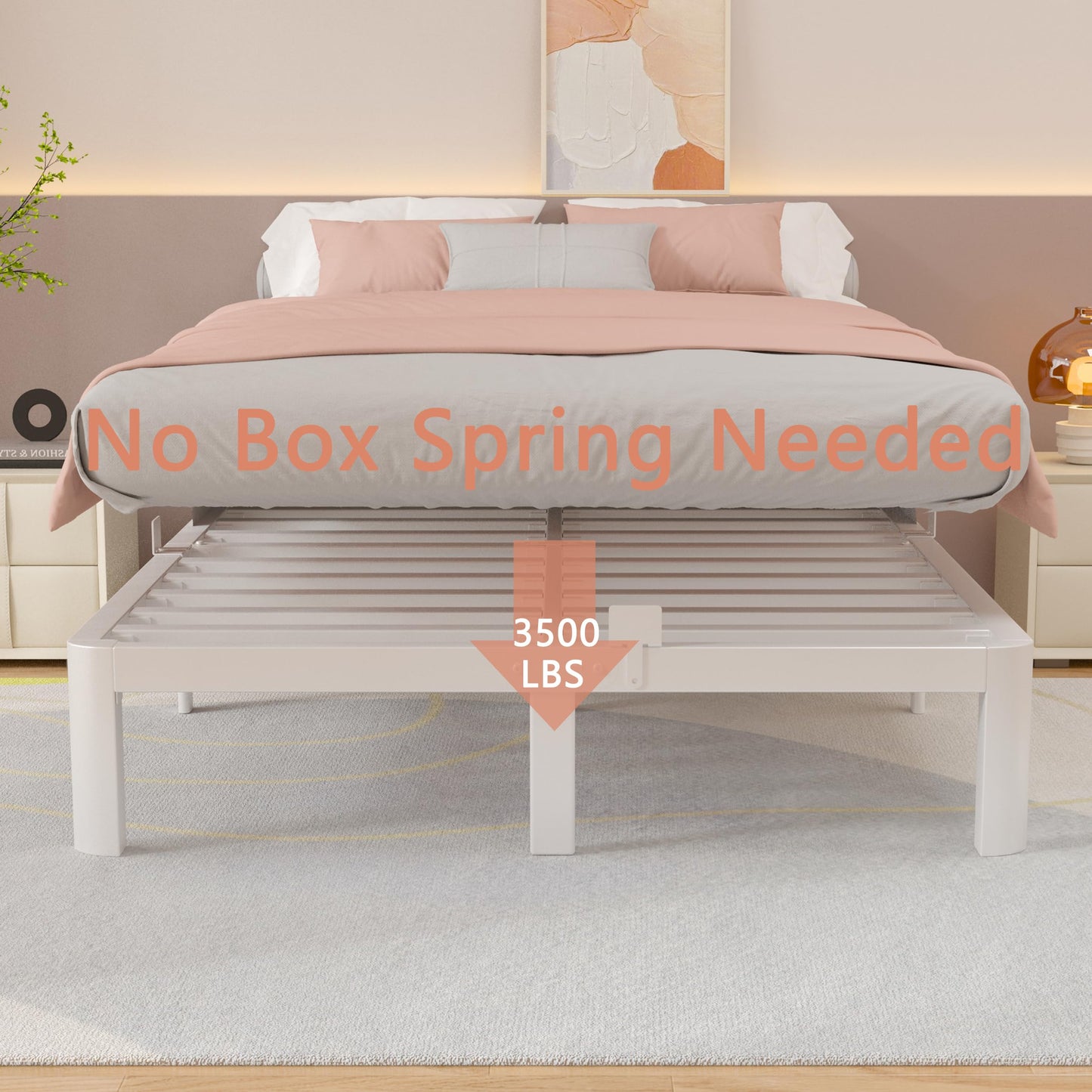 HQU 10 Inch Queen Bed Frame with Metal Baffles, White Bed Frame Queen Size No Box Spring Needed, Heavy Duty Steel Platform Support, Reserved Holes, Storage Space, Round Corner Design, Noise Free