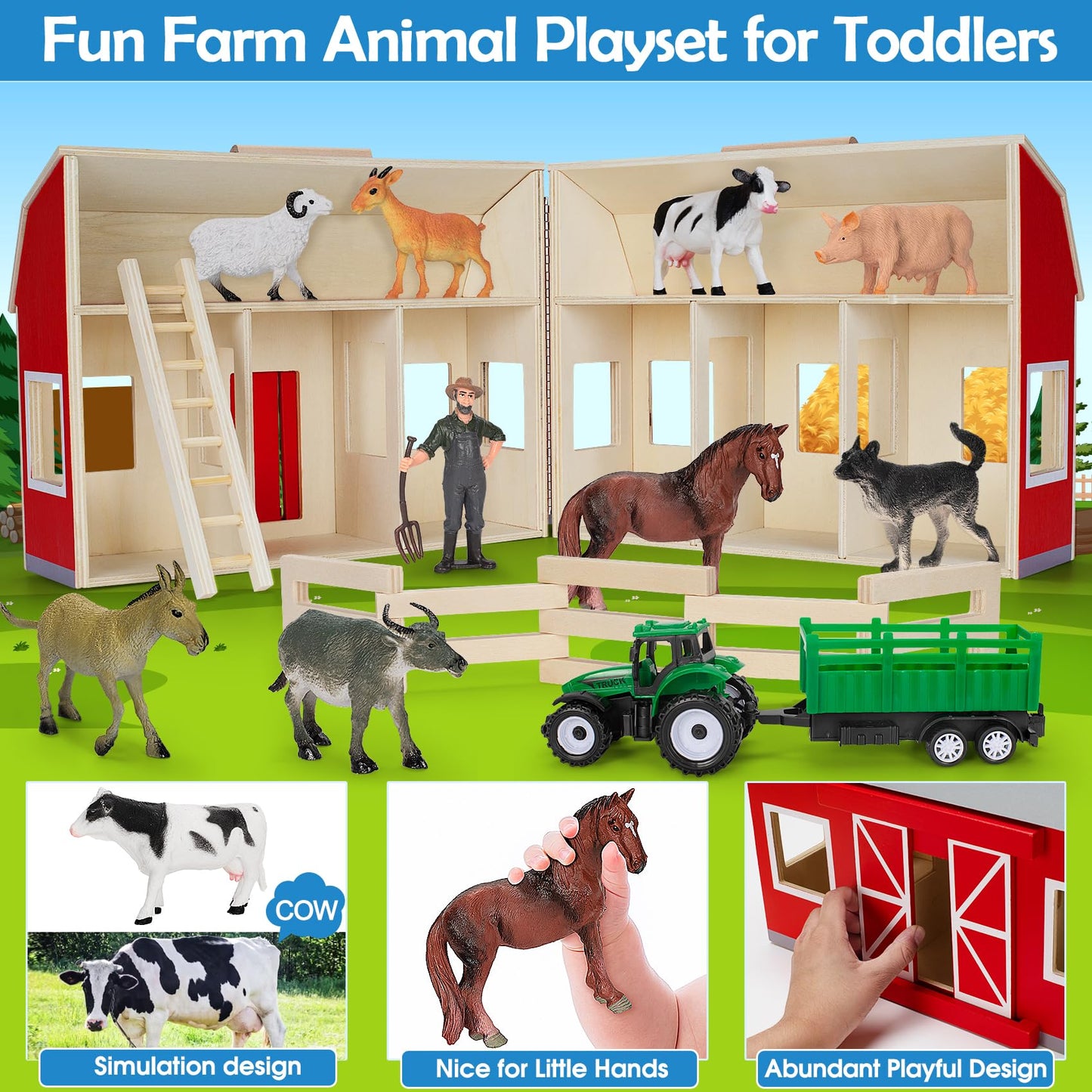 YEEBAY Farm Animals Toys for 3+ Year Old Kids Toddlers Girls Boys, Large Wooden Barn with Animal Play Figures, Farm Playset Educational Learning Toys, Ideal Christmas Birthday Gifts