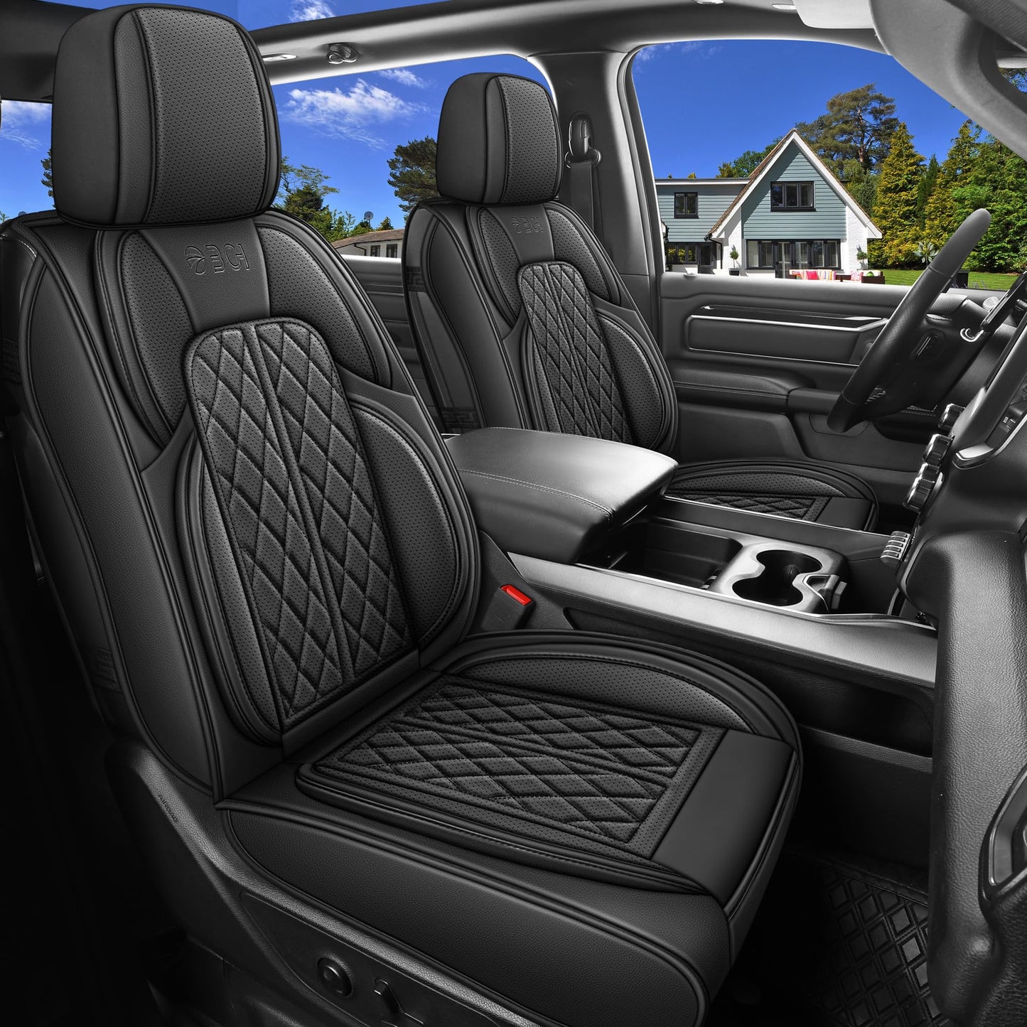 DuDuWang Car Seat Cover Custom Fit for Dodge Ram 1500 2500 3500 2002-2026 Faux Leather Seat Cover Set Compatible with Crew Quad Regular Cab Pickup Truck Cushions (Black, Front Seat)