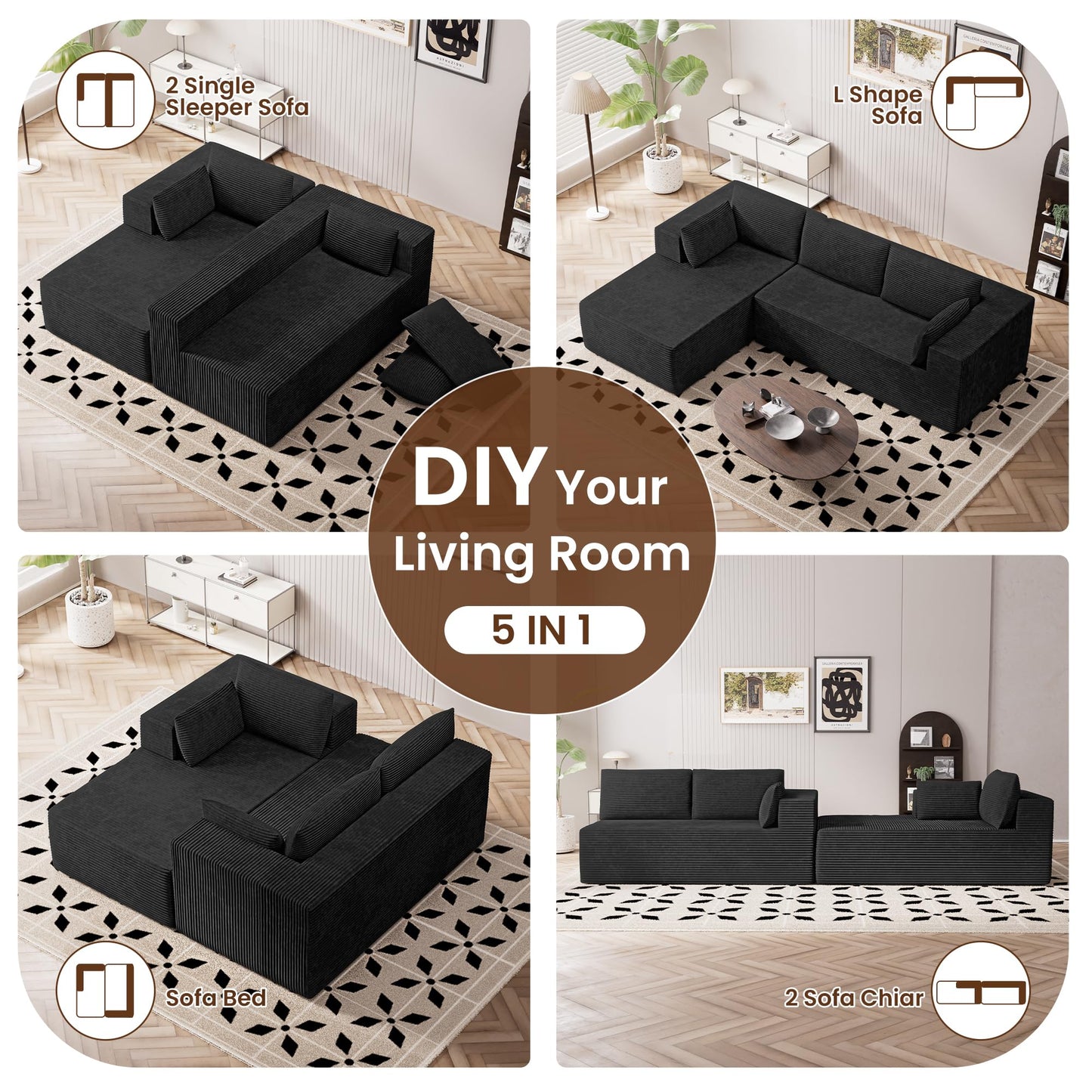 106" Cloud Sectional Boneless Couches for Living Room, Modular U Shaped Couch with Deep Seat, Removable Ottoman, Memory Foam Compressed Spineless 4 Seater Sofa for Bedroom Apartment, Black