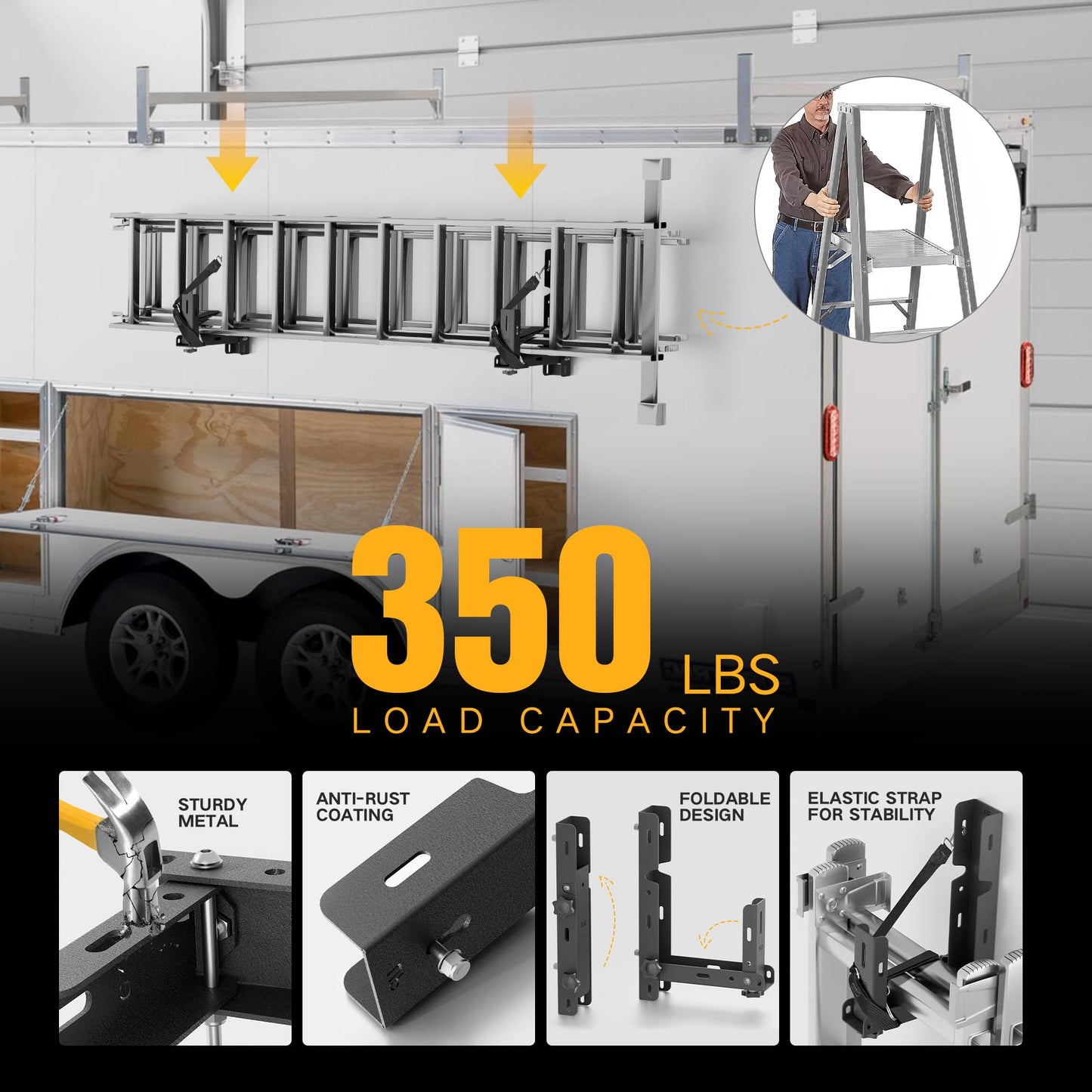YZONA Side Mount Trailer Ladder Rack, 2PCS Foldable Heavy Duty Steel Racks with 2 straps, Exterior Wall Ladder Storage Holder for Enclosed Trailers, 350 LBS Capacity, Drilling Required
