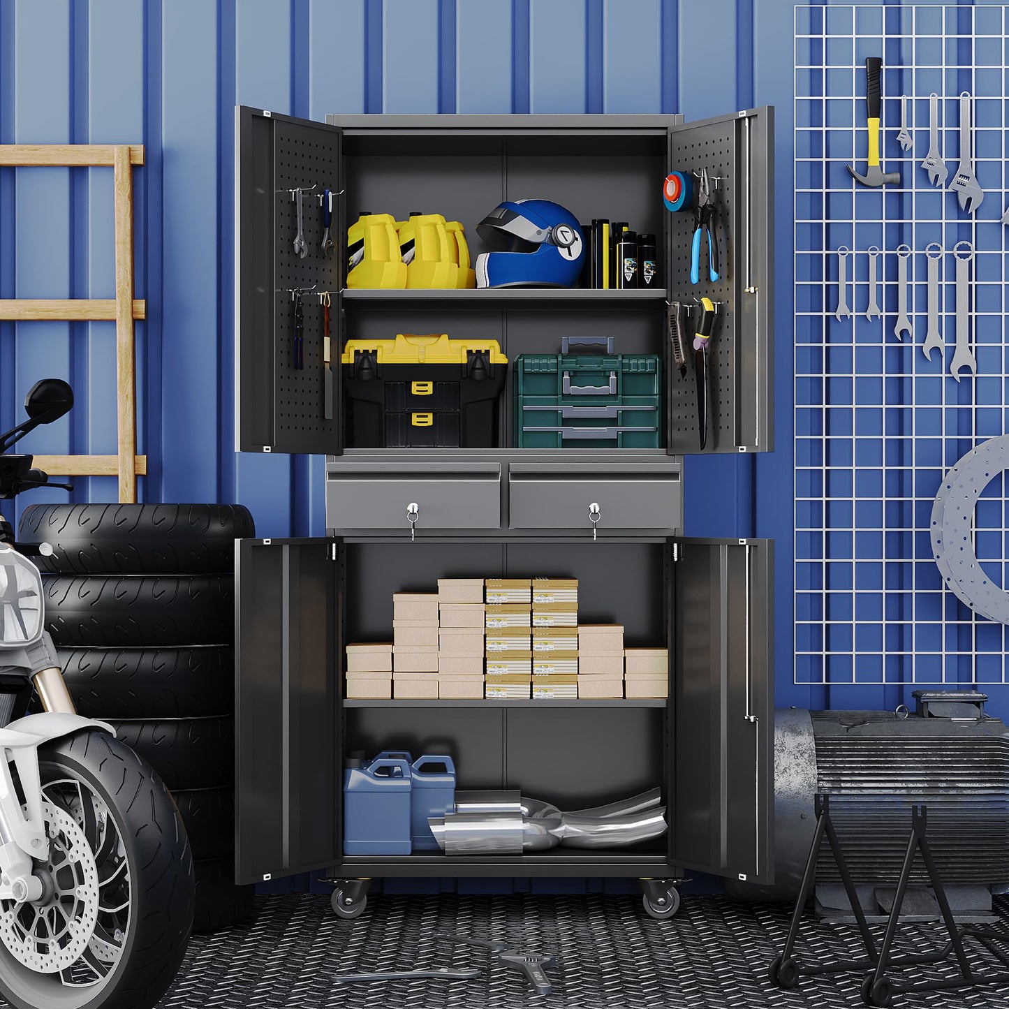 GLADIW Garage Storage Cabinet with Wheels, Metal Storage Cabinet with 2 Drawers and 2 Adjustable Shelves, Metal Lockers with Pegboards for Homes, Offices, Kitchens, Schools and Pantries
