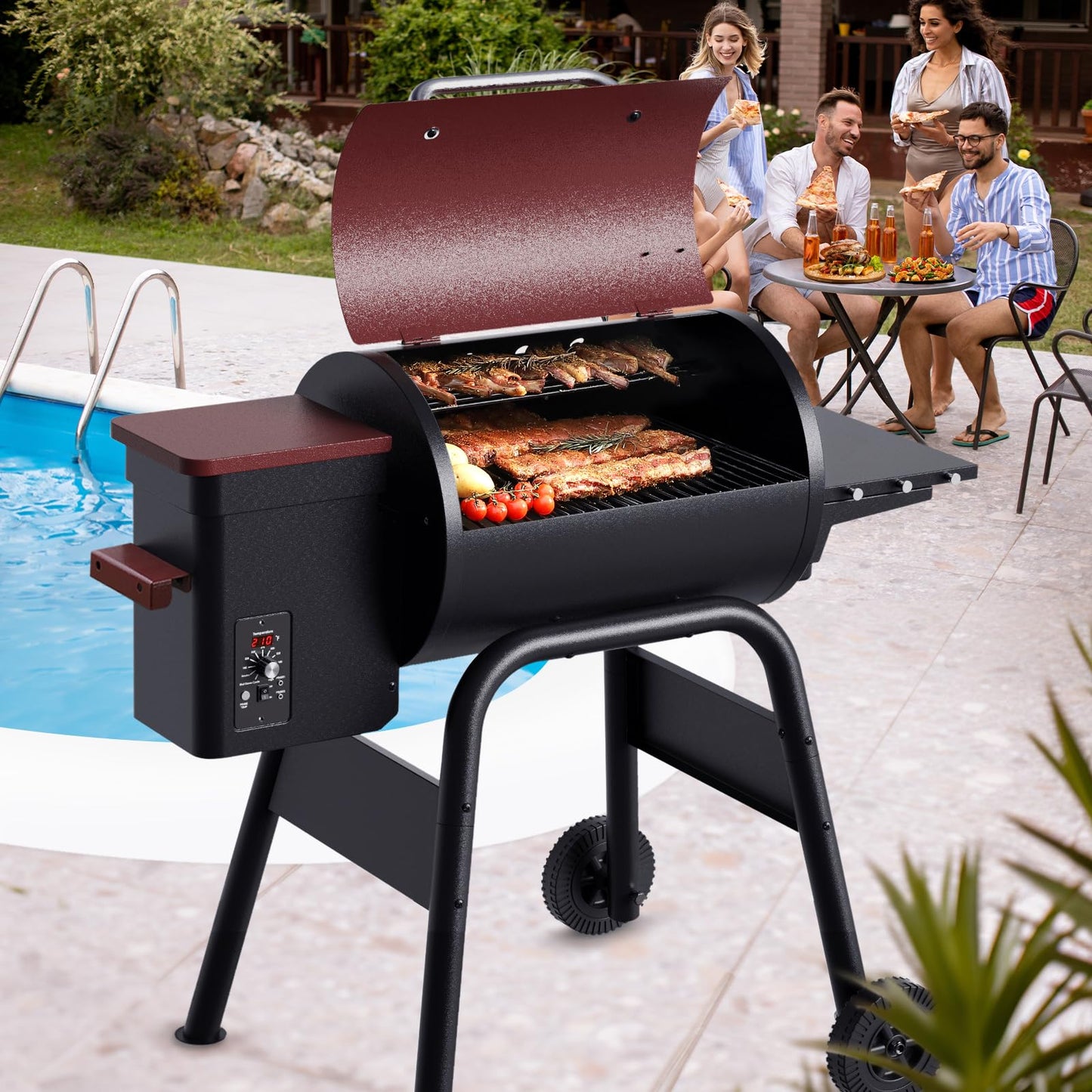 Jocoevol Pellet Smoker Grill Electric Wood Pellet Bbq Grill Smoker Electric With Auto Feed & Pid Temperature Control 180-425°F, 456 Sq.In Cook Area For Outdoor Backyard
