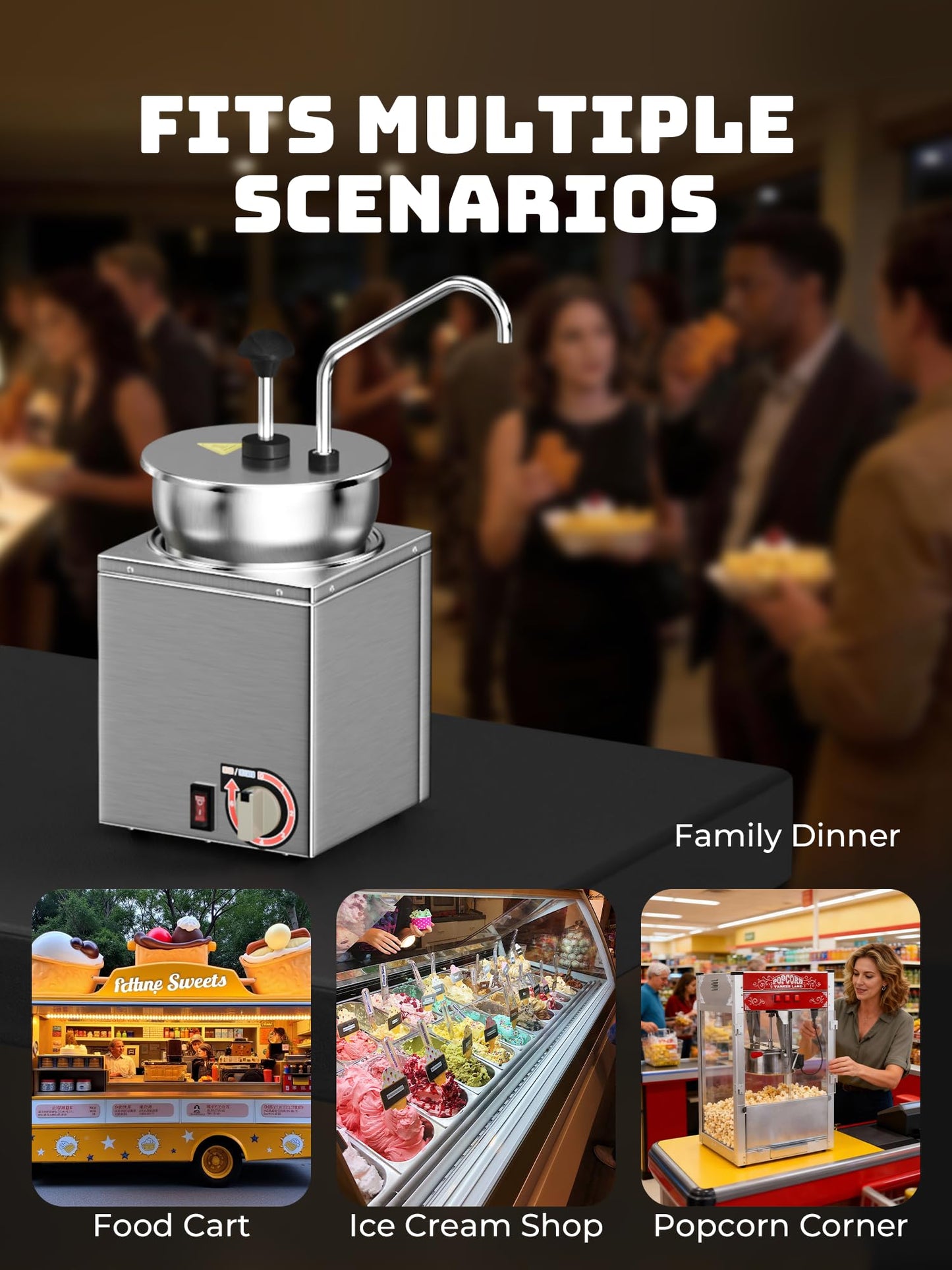 Nacho Cheese Dispenser with Stainless Steel Pump, Premium 4.2Qt Hot Fudge Warmer with 6-Level Temperature Adjustment, Commercial Sauce Heater for Butter Cheese Caramel Syrup