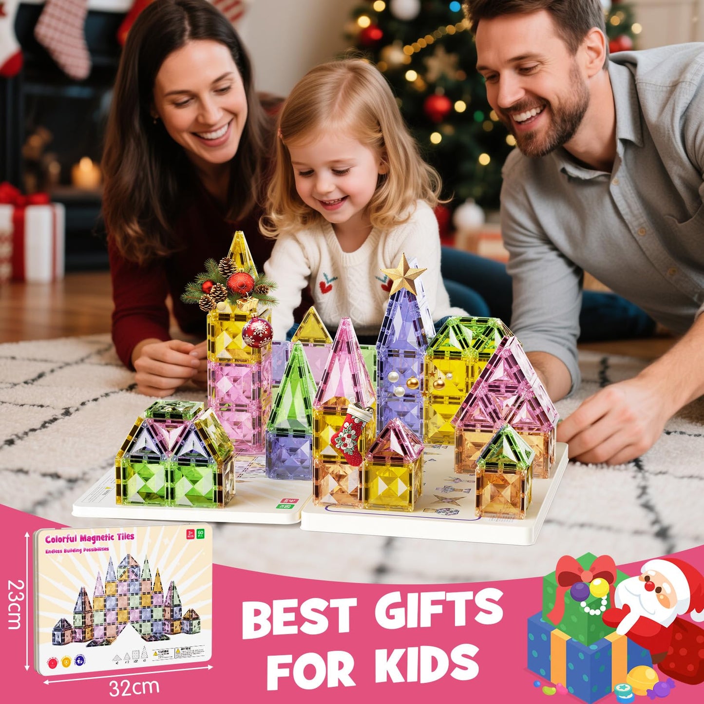 Magnetic Tiles for Kids Ages 4-8, Magnetic Blocks Travel Set with Diamond Surface & Metal Storage Box, 60PCS STEM Learning Toys, Educational Building Gifts for 3-8 Year Olds